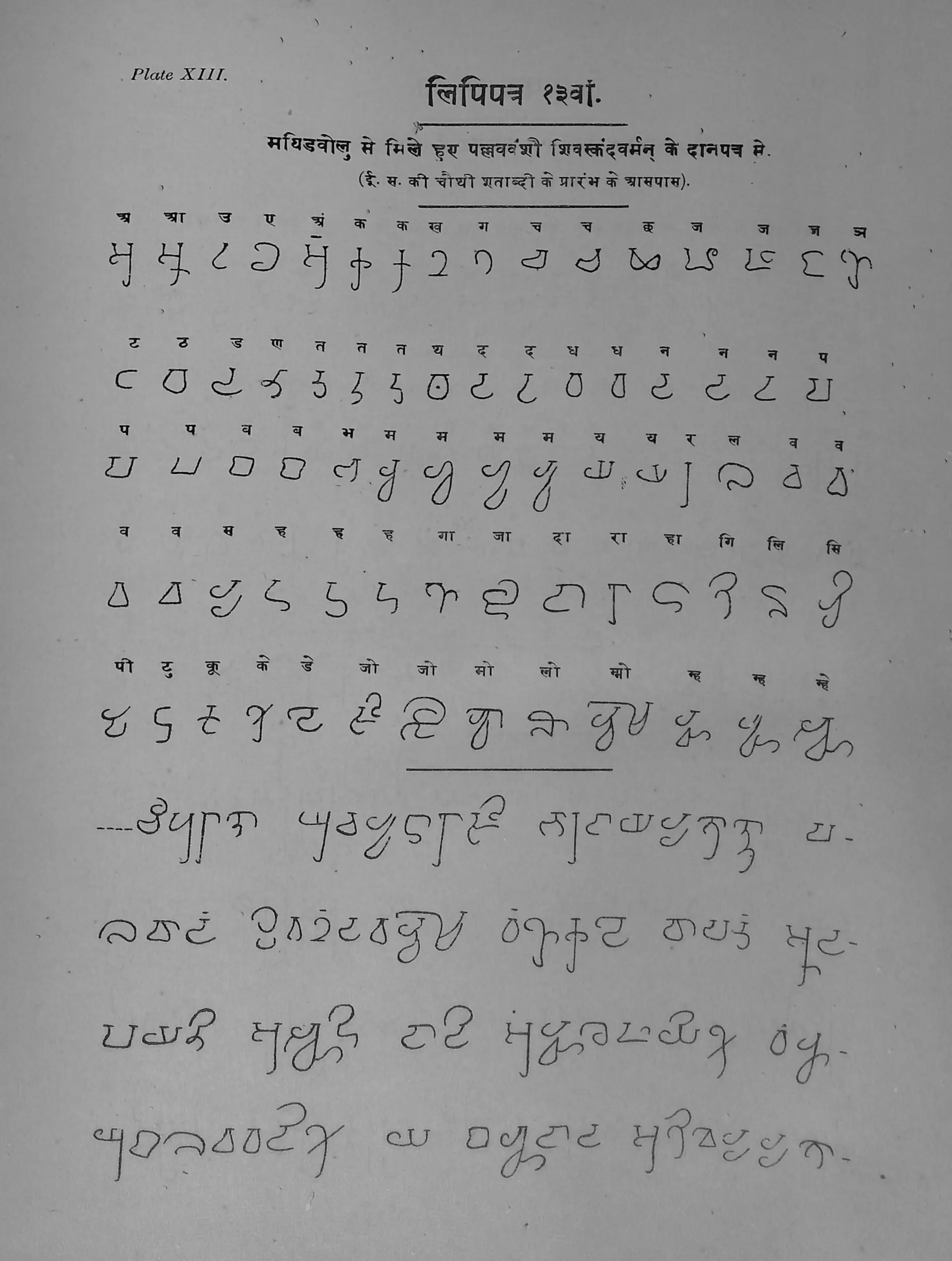 Printed table in Ojha's Bharatiya Prachin Lipimala (Plate 13): letters of an early Pallava Prakrit copper-plate grant.