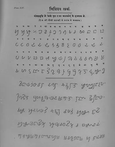 Printed table in Ojha's Bharatiya Prachin Lipimala (Plate 14): letters of the Kondamudi copper-plate grant.