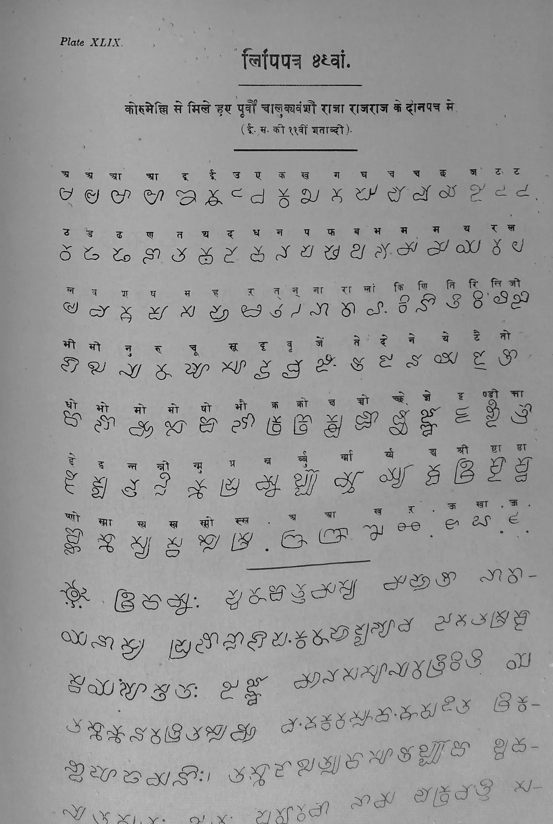 Printed table in Ojha's Bharatiya Prachin Lipimala (Plate 49): Eastern Chalukya letters of the 11th century.