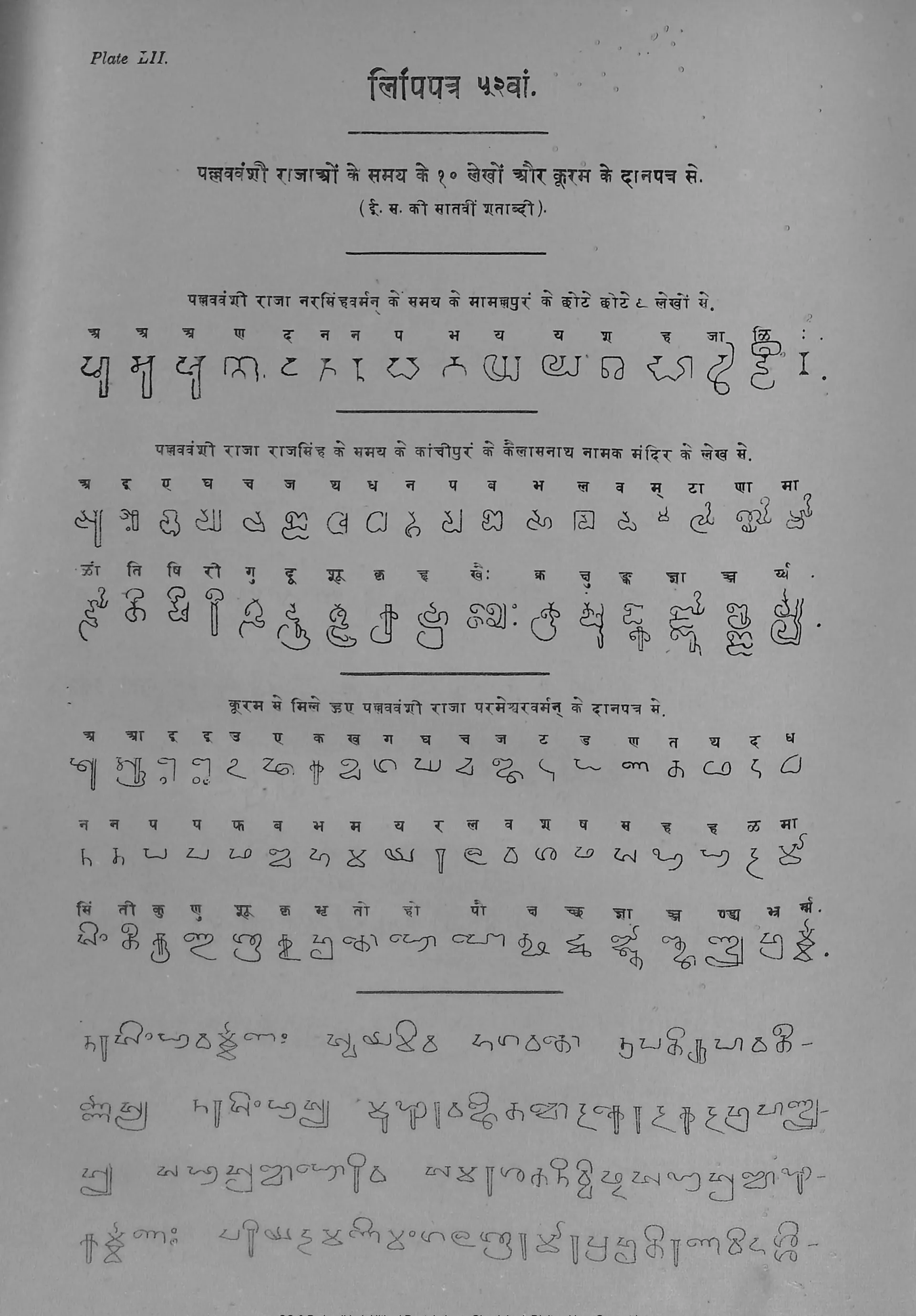 Printed plate of hand-drawn Grantha letters, each with its Devanagari equivalent above, in three groups, followed by four lines of continuous text.