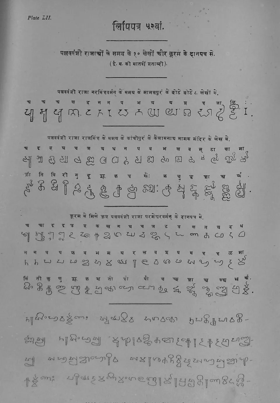 Printed plate of hand-drawn Grantha letters, each with its Devanagari equivalent above, in three groups, followed by four lines of continuous text.