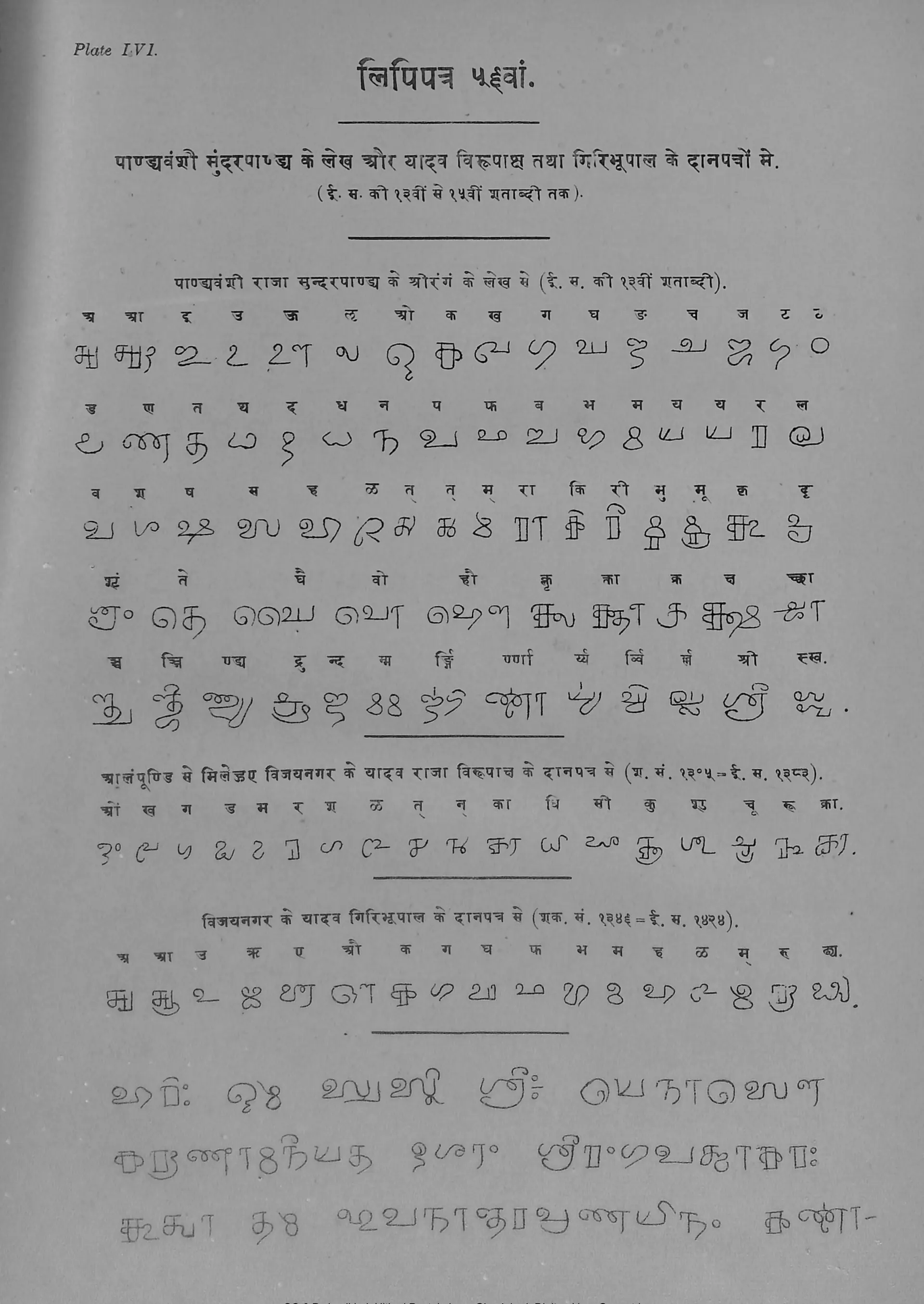 Printed plate of Grantha letters with Devanagari equivalents above them, in three groups, followed by lines of continuous text.