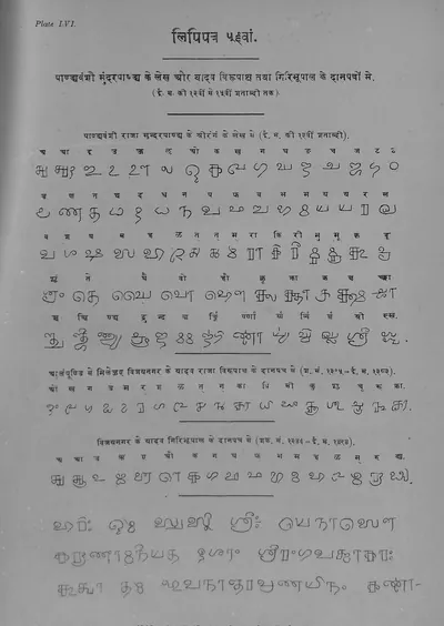 Printed plate of Grantha letters with Devanagari equivalents above them, in three groups, followed by lines of continuous text.