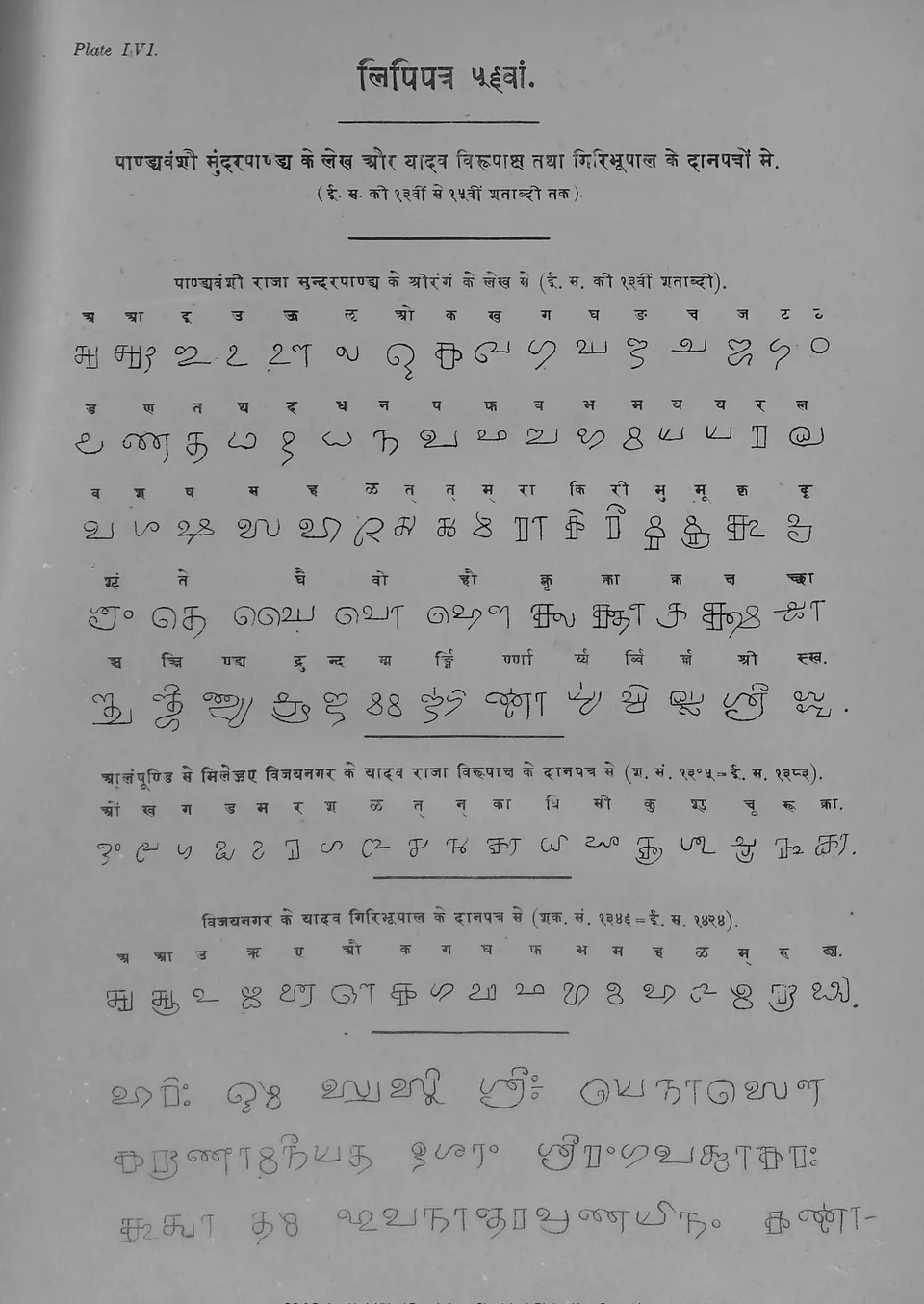 Printed plate of Grantha letters with Devanagari equivalents above them, in three groups, followed by lines of continuous text.