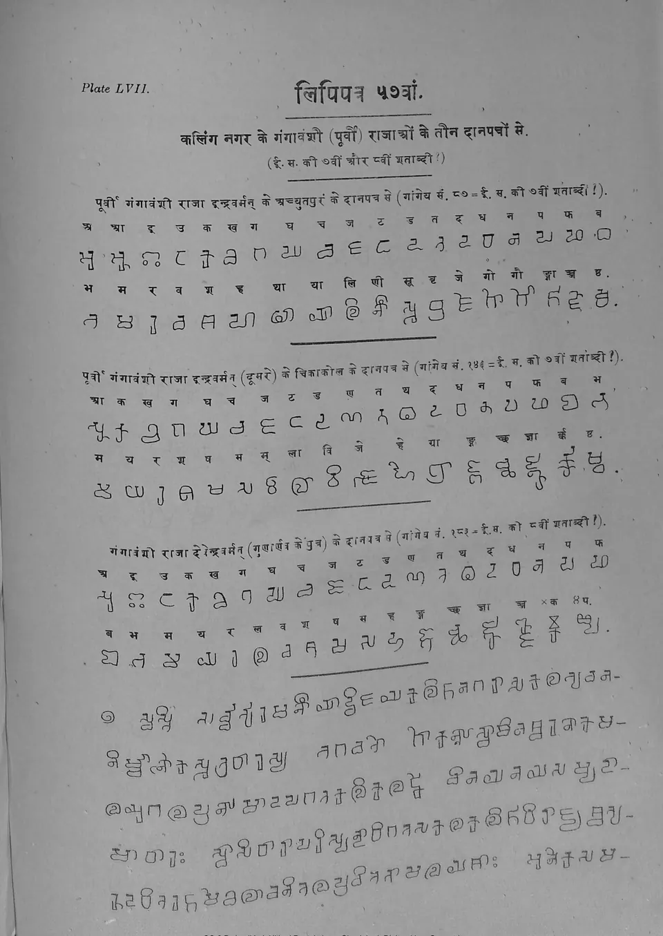 Printed plate of Kalinga-script letters with Devanagari equivalents above them, in three groups, followed by five lines of continuous text.