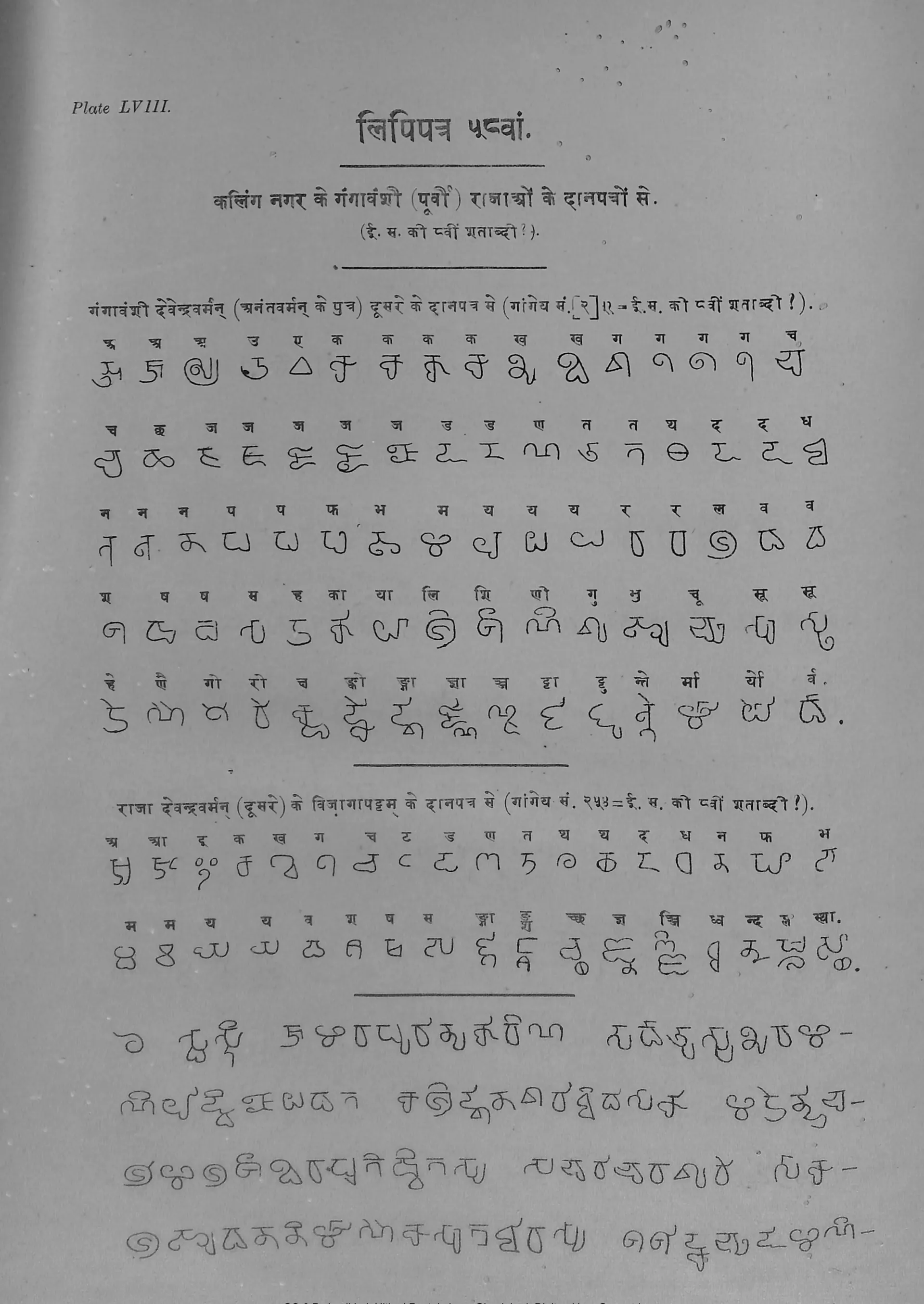 Printed plate of Kalinga-script letters with Devanagari equivalents above them, in two groups, followed by four lines of continuous text.