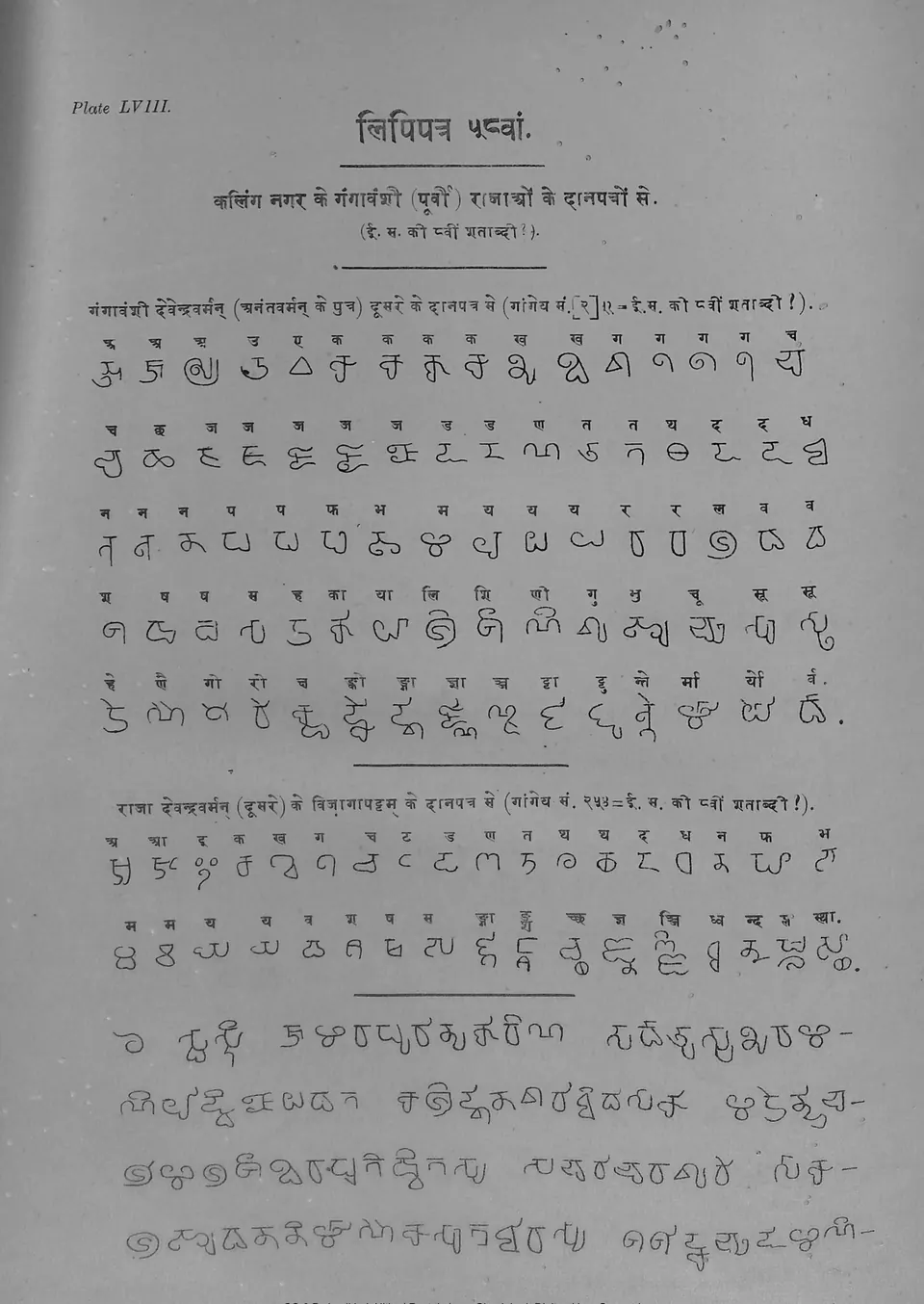 Printed plate of Kalinga-script letters with Devanagari equivalents above them, in two groups, followed by four lines of continuous text.