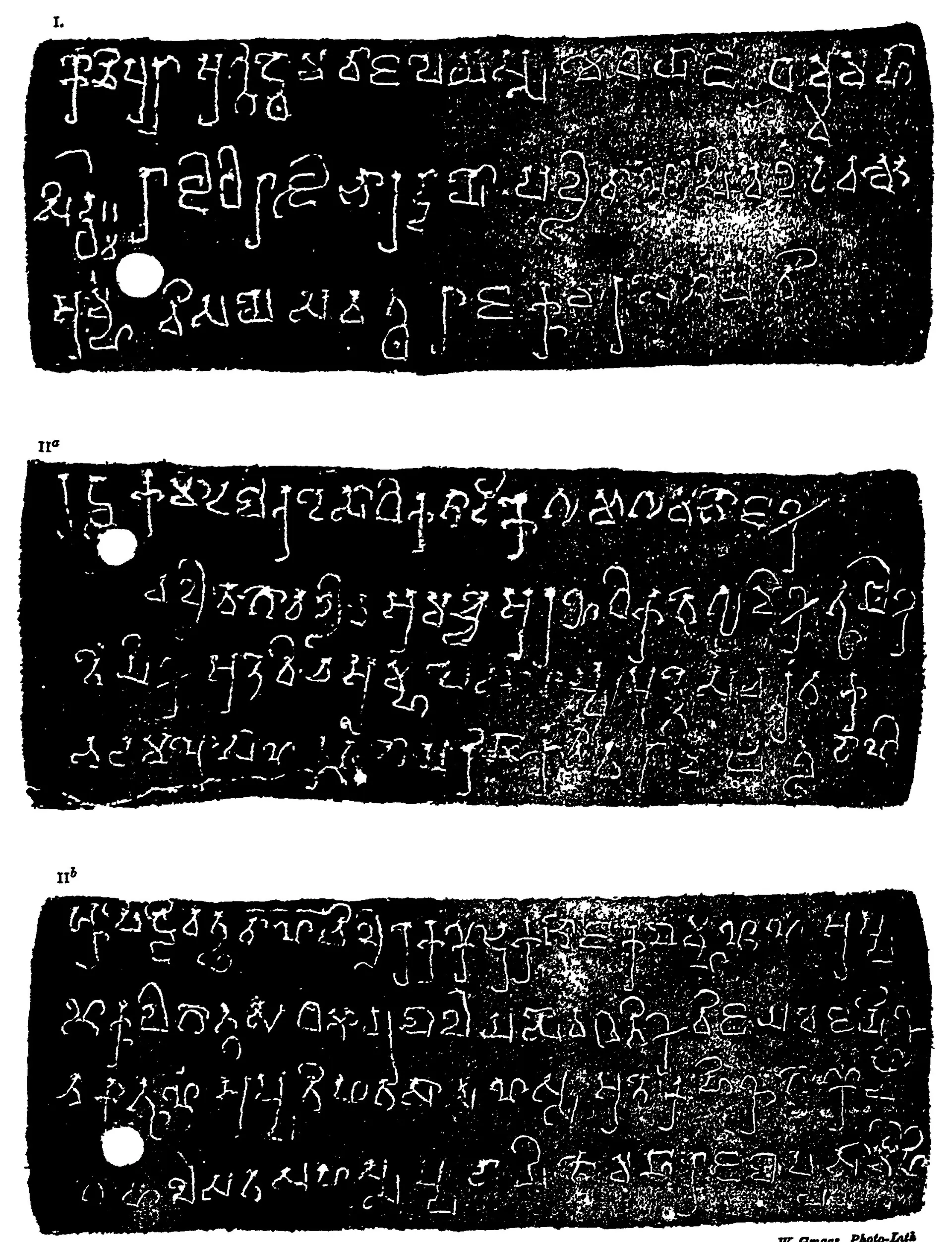 Facsimile of three inscribed copper plates, white letters on black, under the heading "Pallava Copperplate Grant of Sivaskandavarman"; each plate has a round ring hole at the left and four lines of Prakrit in early southern Brahmi; labelled I, II a and II b.