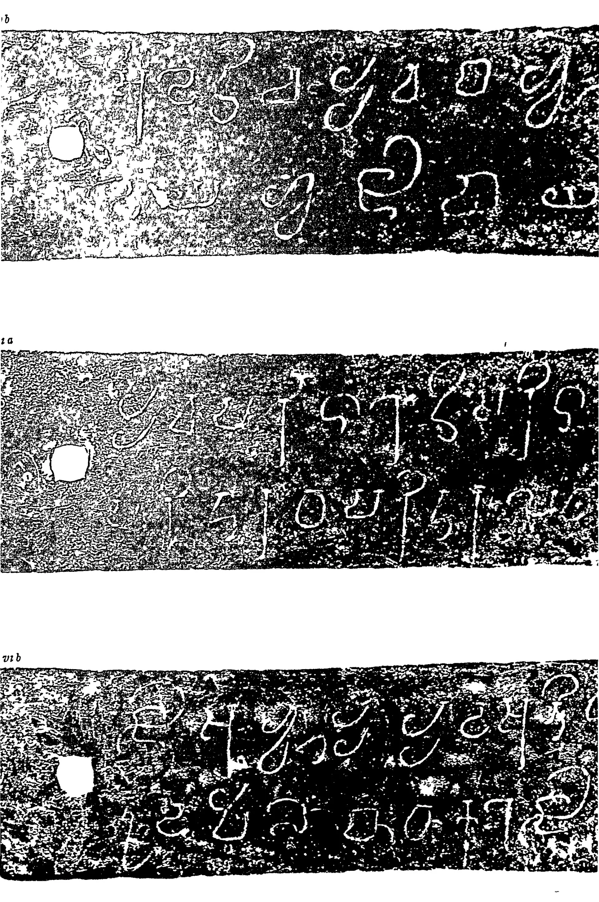 Ink impressions of three inscribed copper plates, two lines of large early southern Brahmi letters on each; the left halves are pale and blotchy in this 1-bit scan, the right halves white letters on black.