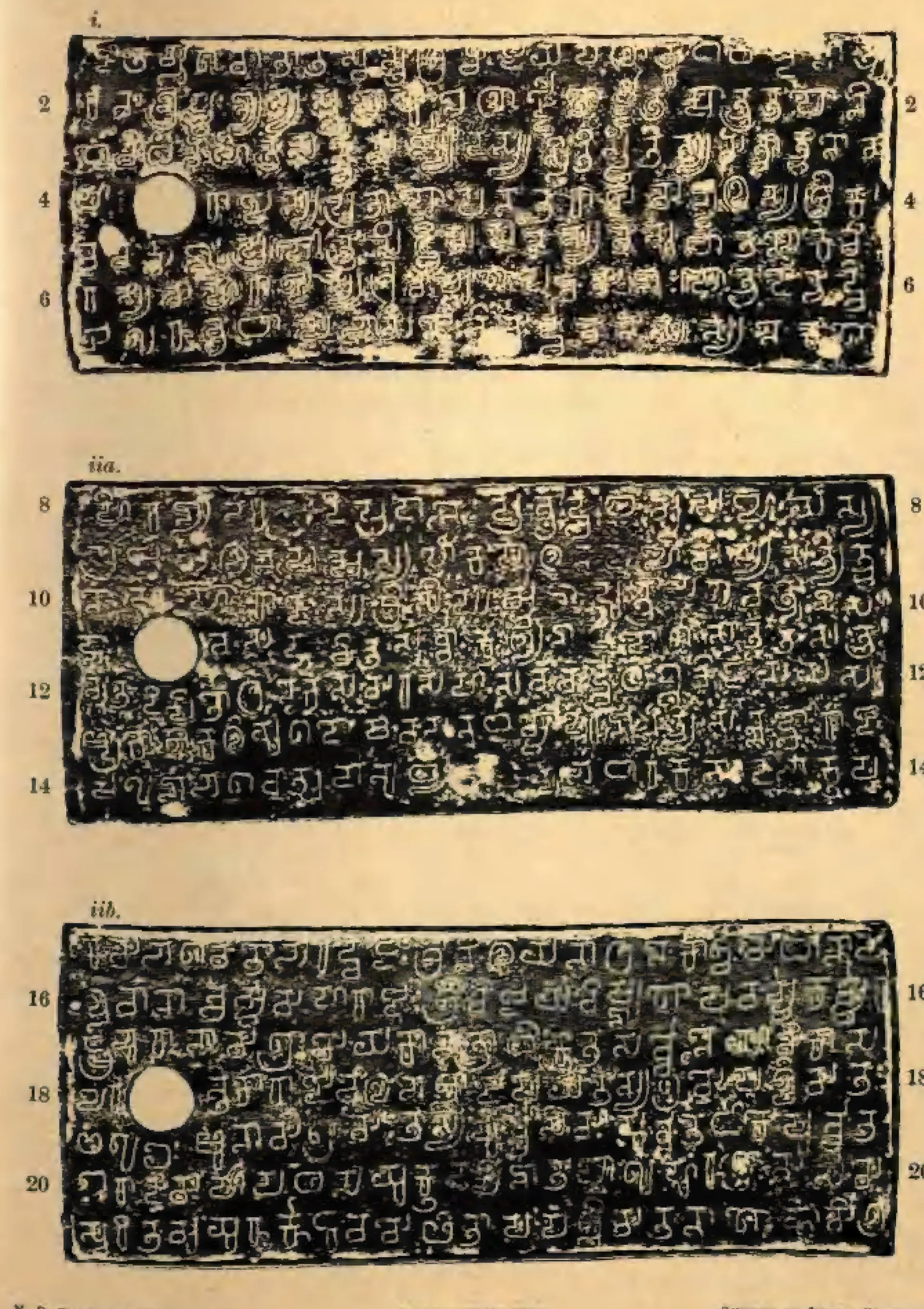 Ink impressions of three inscribed copper plates, pale letters of southern (Pallava) script on a mottled black ground, with a ring hole at the left and line numbers 2 to 20 in both margins; the first plate is badly worn.
