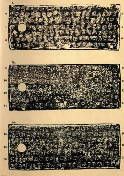 Ink impressions of three inscribed copper plates, pale letters of southern (Pallava) script on a mottled black ground, with a ring hole at the left and line numbers 2 to 20 in both margins; the first plate is badly worn.