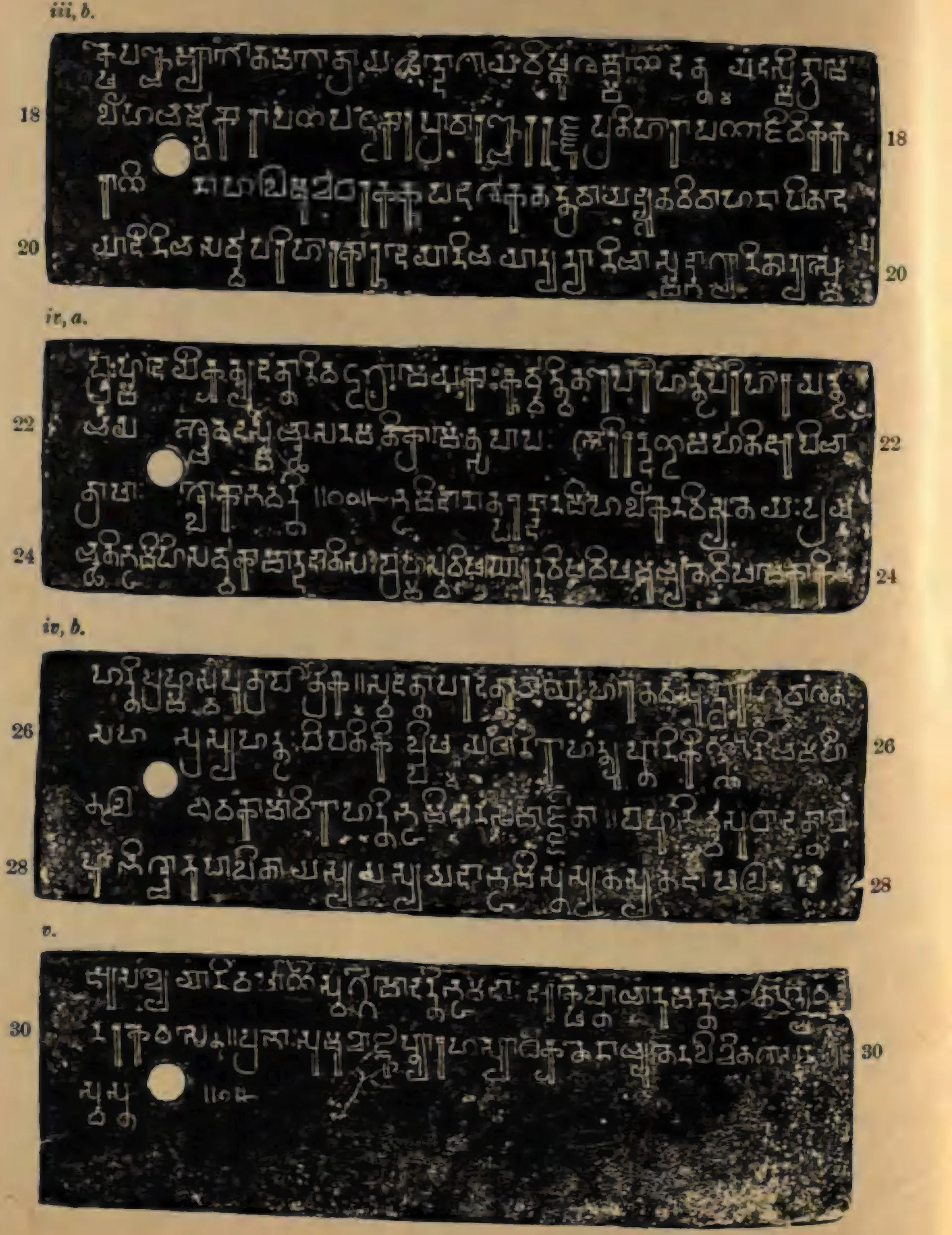 Ink impressions of four inscribed copper plates, white letters of southern (Pallava) script on black, a ring hole at the left and line numbers 18 to 30; the last plate is worn and only partly legible.