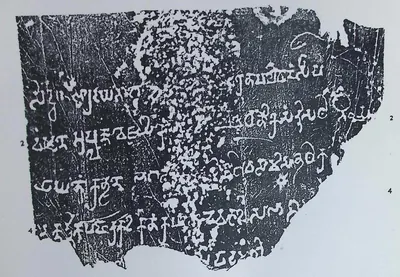 Ink impression of a broken stone slab, irregular outline, with five lines of large Prakrit letters in early southern Brahmi, white on a mottled grey-black ground; line numbers 2 and 4 in the margins.