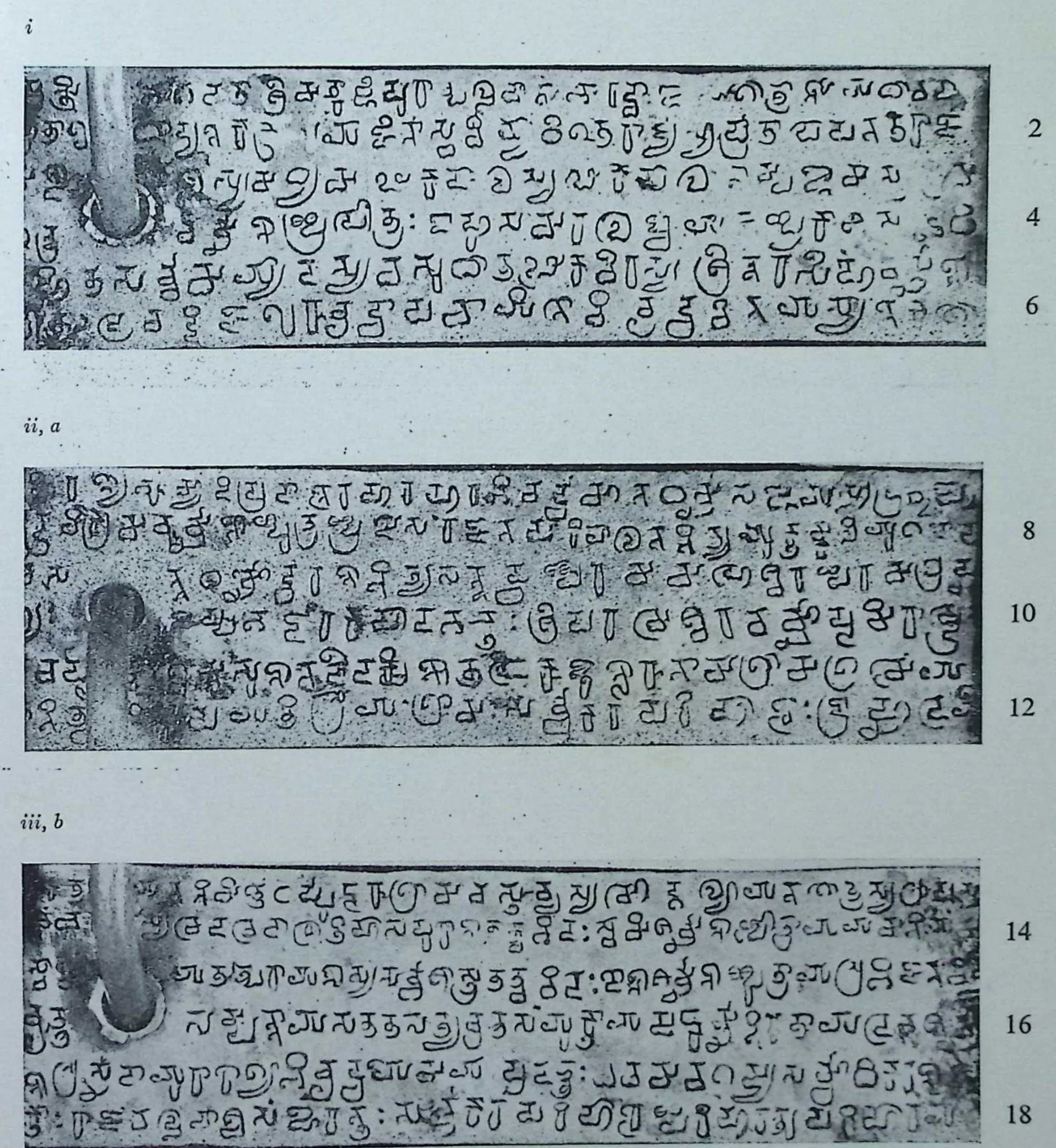 Photographs of three inscribed copper plates still on their ring, which covers a few letters at the left; six lines each of Sanskrit in Pallava-Grantha script, black on grey, with line numbers 2 to 18; printed "(From Photographs)".
