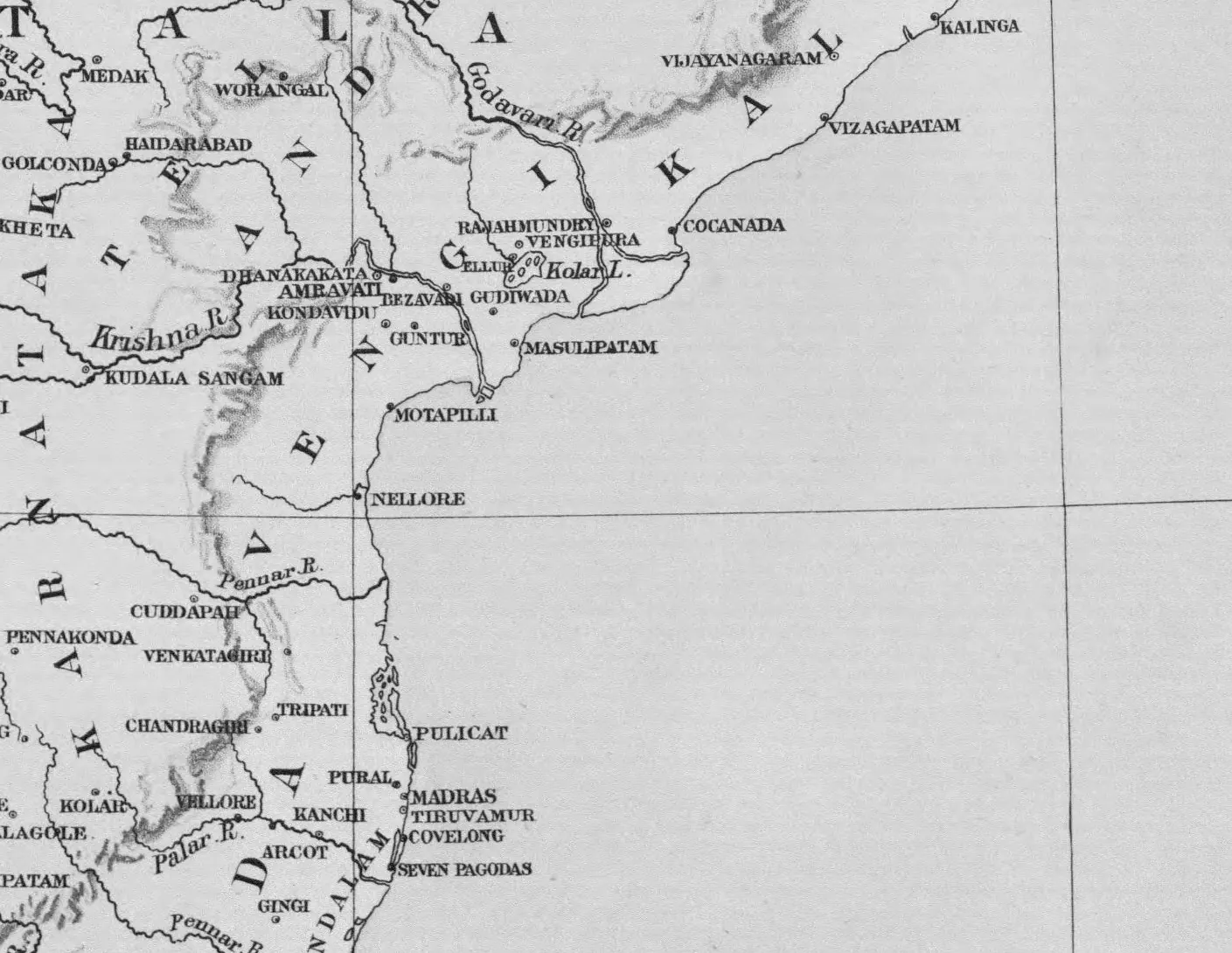 Detail of a printed map of the east coast: the Godavari and Krishna deltas with Rajahmundry, Vengipura, Ellur and Kolar Lake, Dhanakakata, Amravati, Bezavada, Guntur and Masulipatam, the coast south past Motapilli and Nellore to Pulicat, Madras, Kanchi and the Seven Pagodas; the large spaced letters VENGI and DRAVIDA mark the regions.