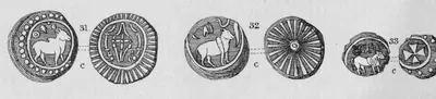 Lithographed drawings of three small copper coins, both faces each: a humped bull with a device or sun, and reverses with sun-rays, a rayed wheel and a cross; numbered 31 to 33 and marked c.