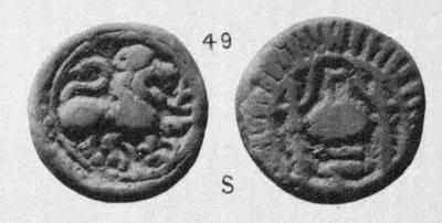 Photograph of both faces of a small round coin: a lion with a full mane facing right, and a vase on a stand between two tall standards inside a ring of radiating lines; marked 49 and S.