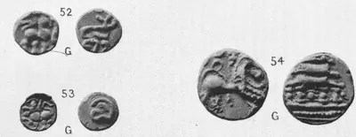 Photograph of three small gold coins, both faces each: two tiny fanams (52 and 53) with a lion and a letter, and a larger piece (54) with a maned lion and a building with pillars; marked G.