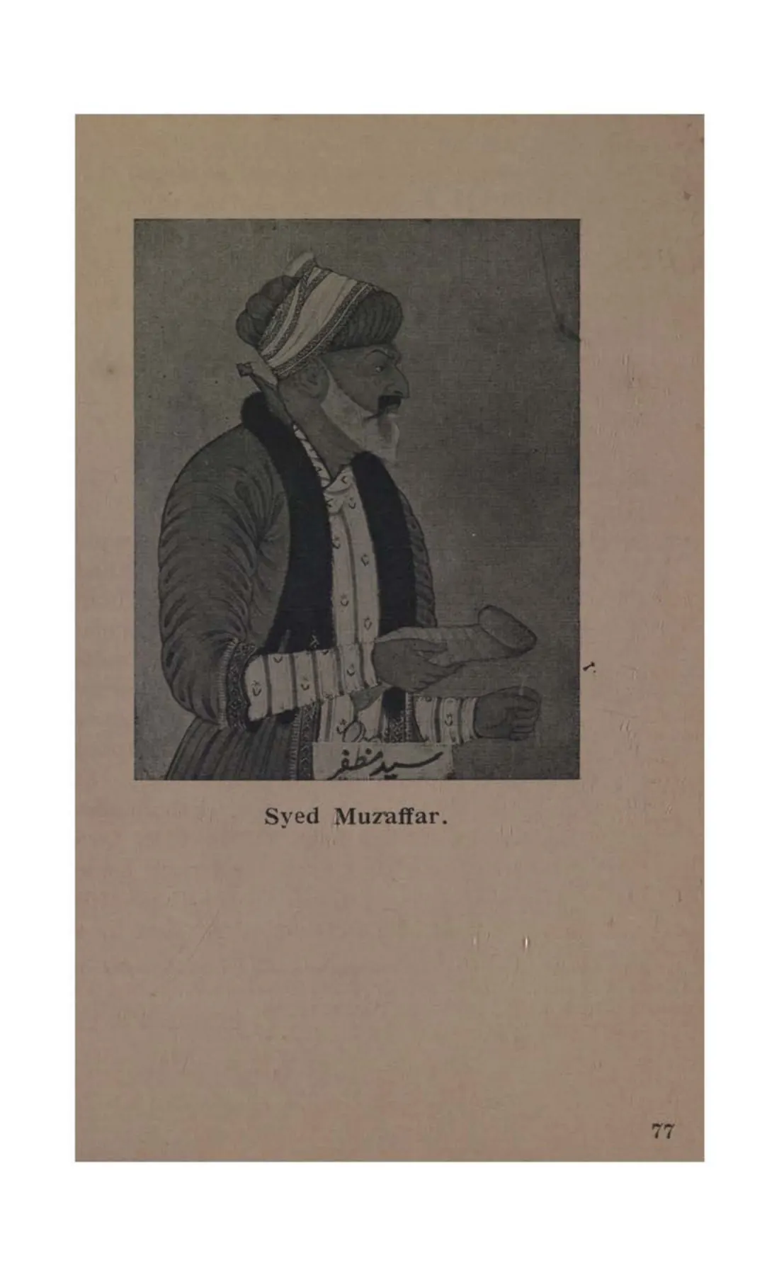 Full-length portrait of a man in a turban and long coat with a sash, with a Persian name label.
