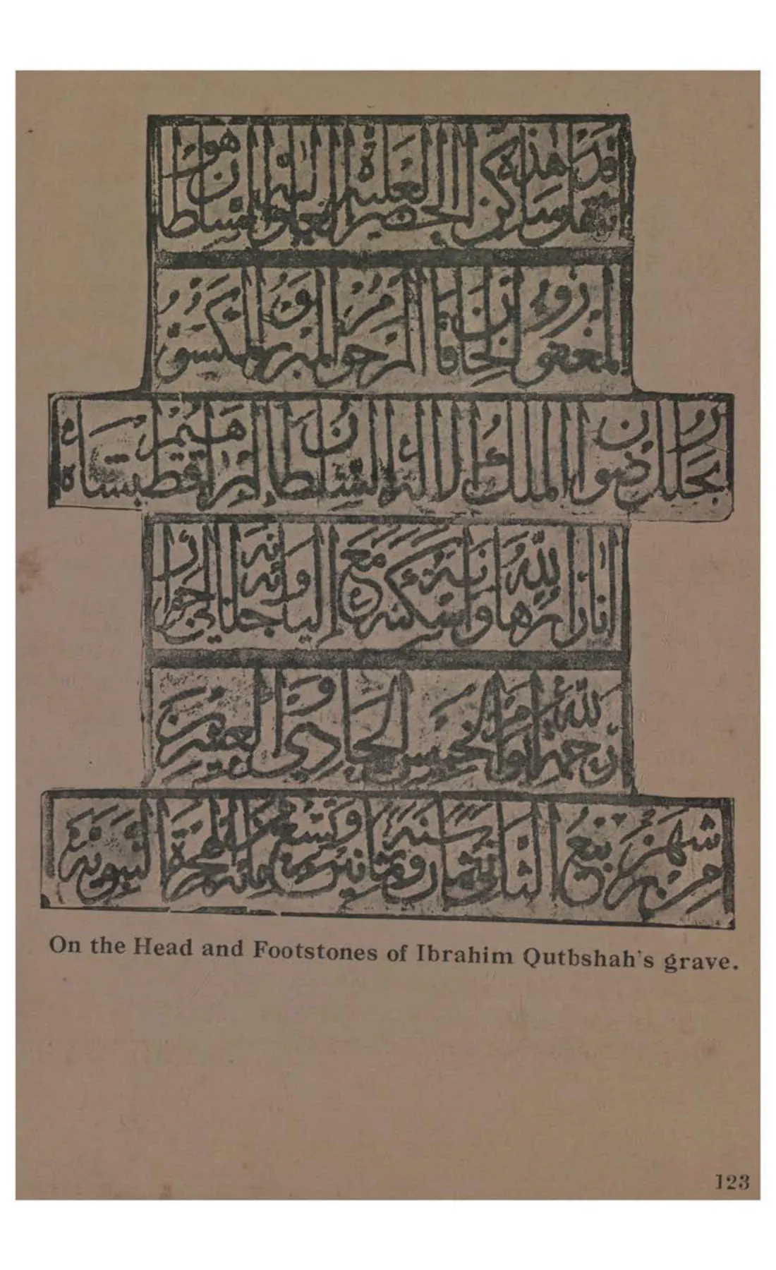Rubbings of six panels of Arabic inscription from the grave of Ibrahim Qutb Shah.