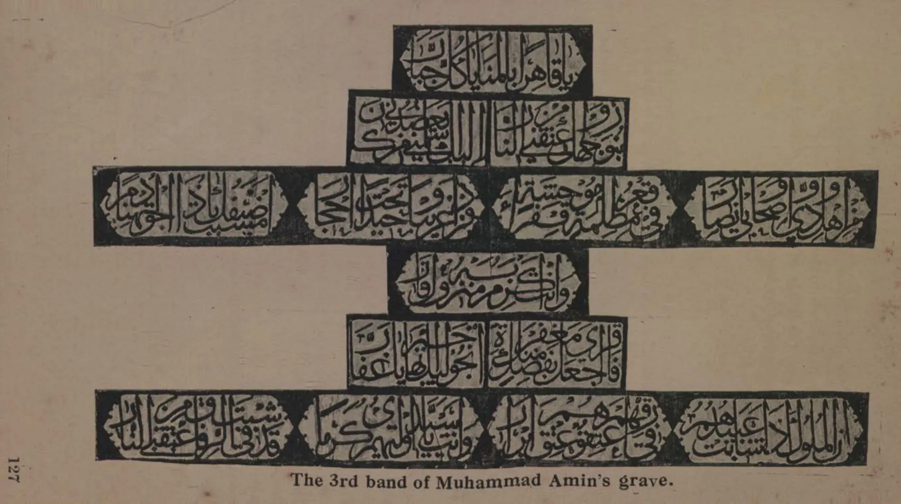 Rubbing of cross-shaped arrangement of Arabic inscription cartouches from the grave of Mirza Muhammad Amin.