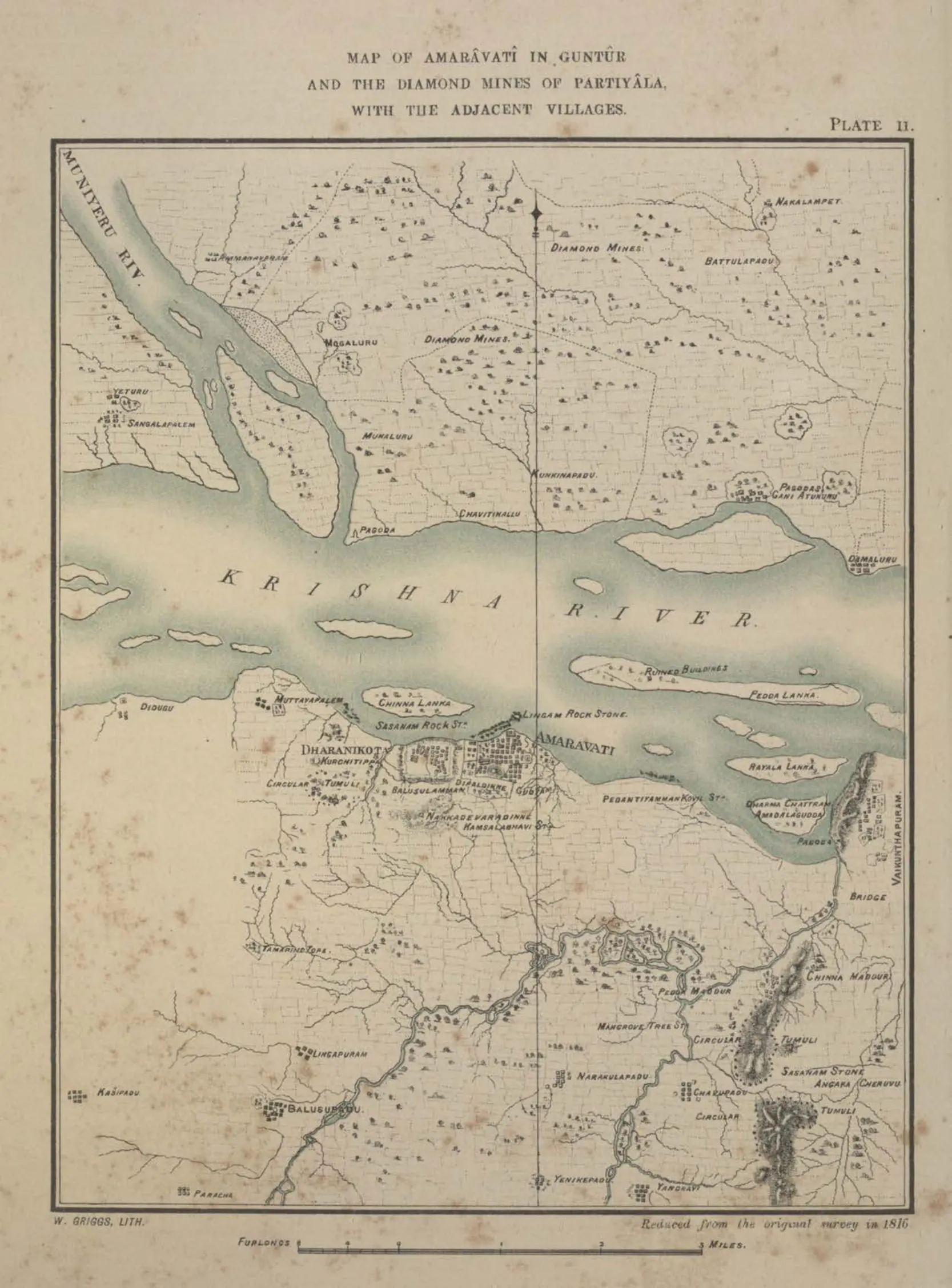 Survey map of the Krishna river around Amaravati, showing villages, roads and the Partiyala diamond mines.