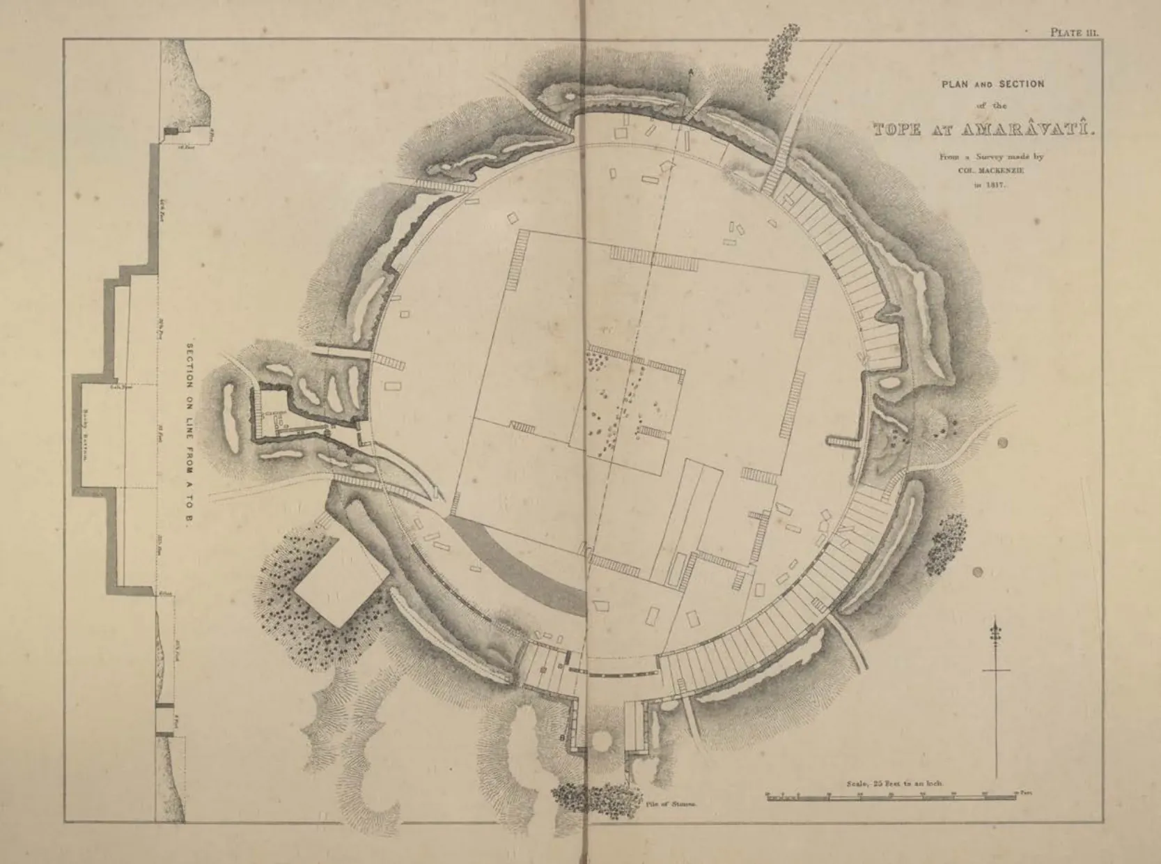 Plan and section drawing of the circular stupa site at Amaravati with its surrounding mound and rail.