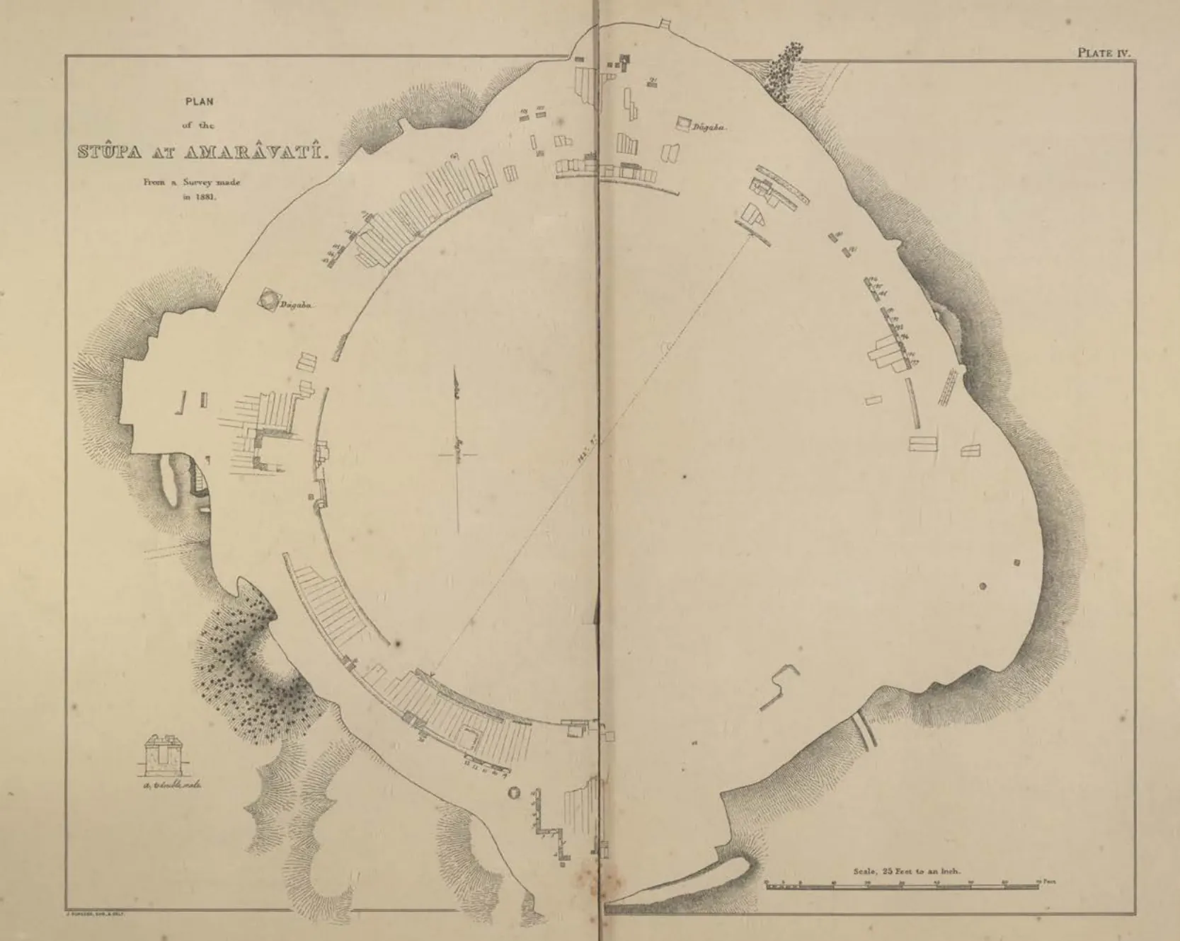 Survey plan of the excavated stupa site at Amaravati, showing the circular trench, rail remains and surrounding mounds.