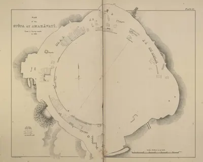 Survey plan of the excavated stupa site at Amaravati, showing the circular trench, rail remains and surrounding mounds.