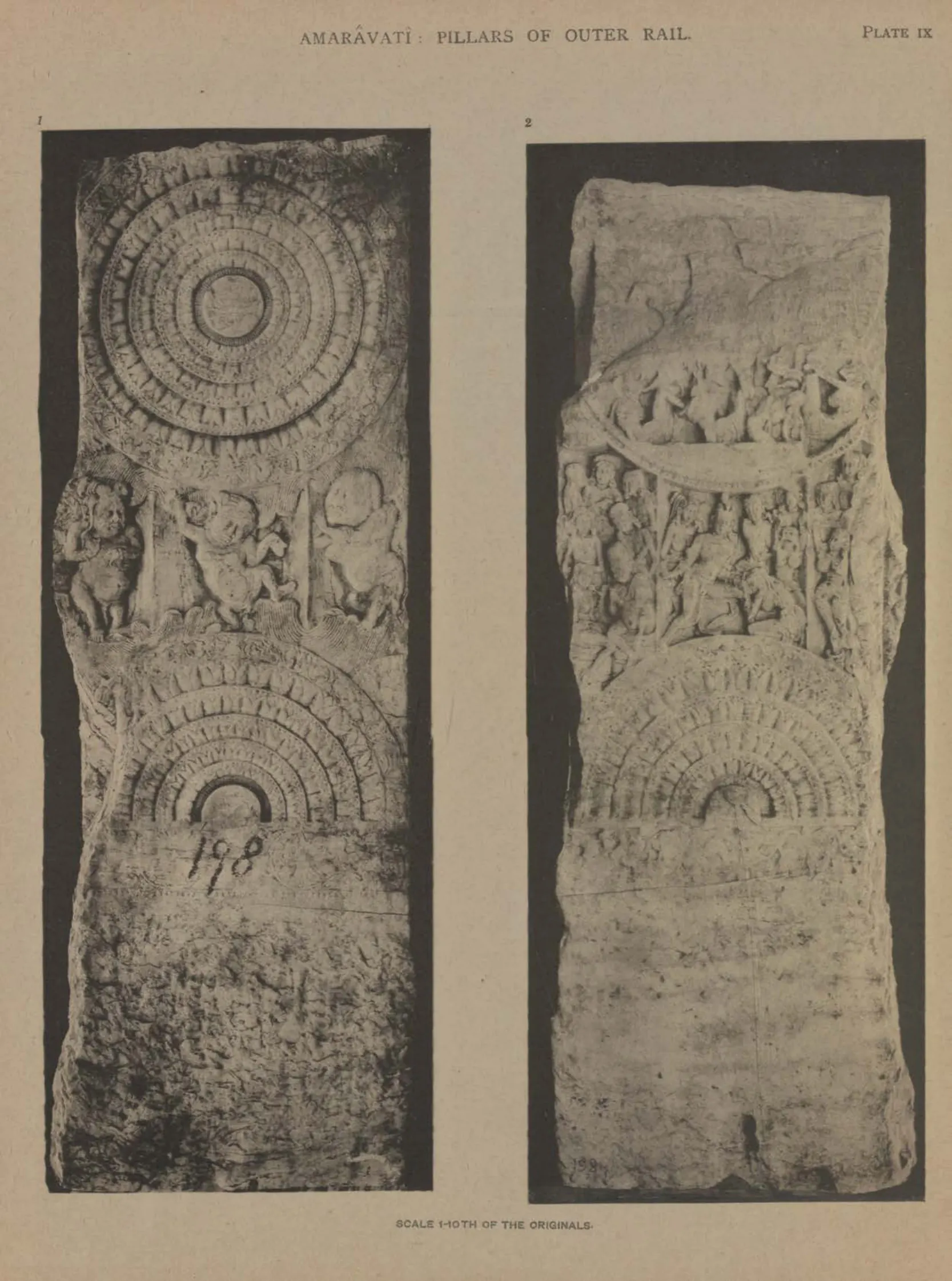 Collotype of two faces of a limestone rail pillar carved with lotus medallions and narrative reliefs.