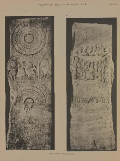 Collotype of two faces of a limestone rail pillar carved with lotus medallions and narrative reliefs.
