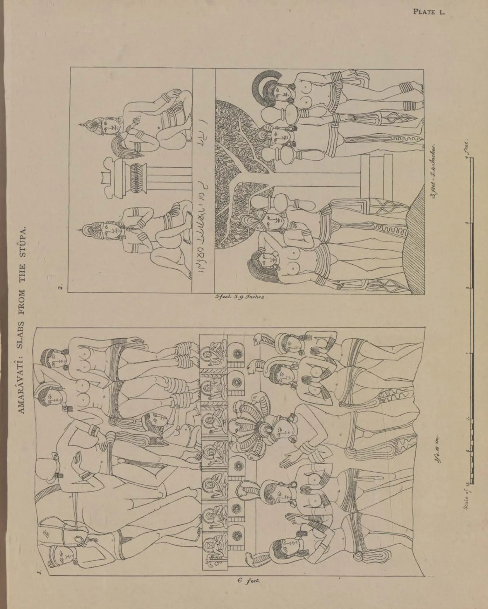 Line drawings of two carved slabs with rows of standing figures and a stupa.
