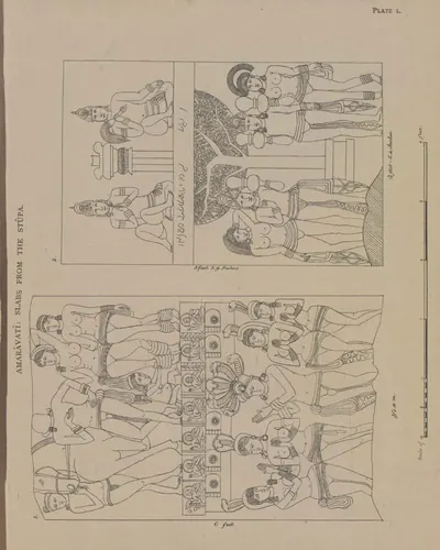 Line drawings of two carved slabs with rows of standing figures and a stupa.