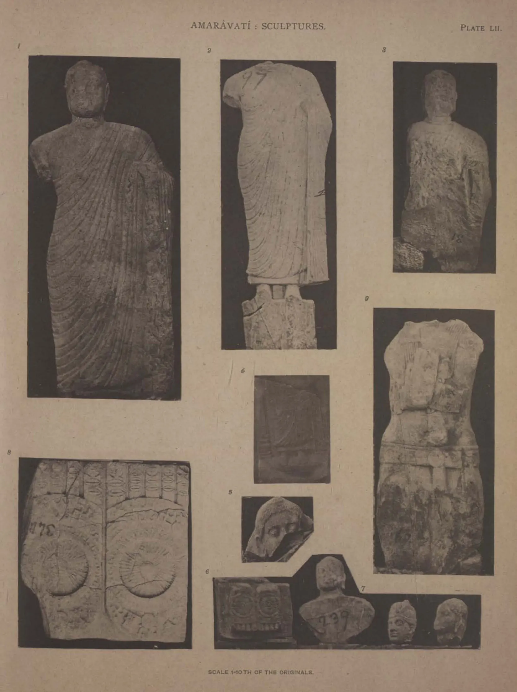 Collotype of standing Buddha statues, a footprint slab and small sculptured heads.