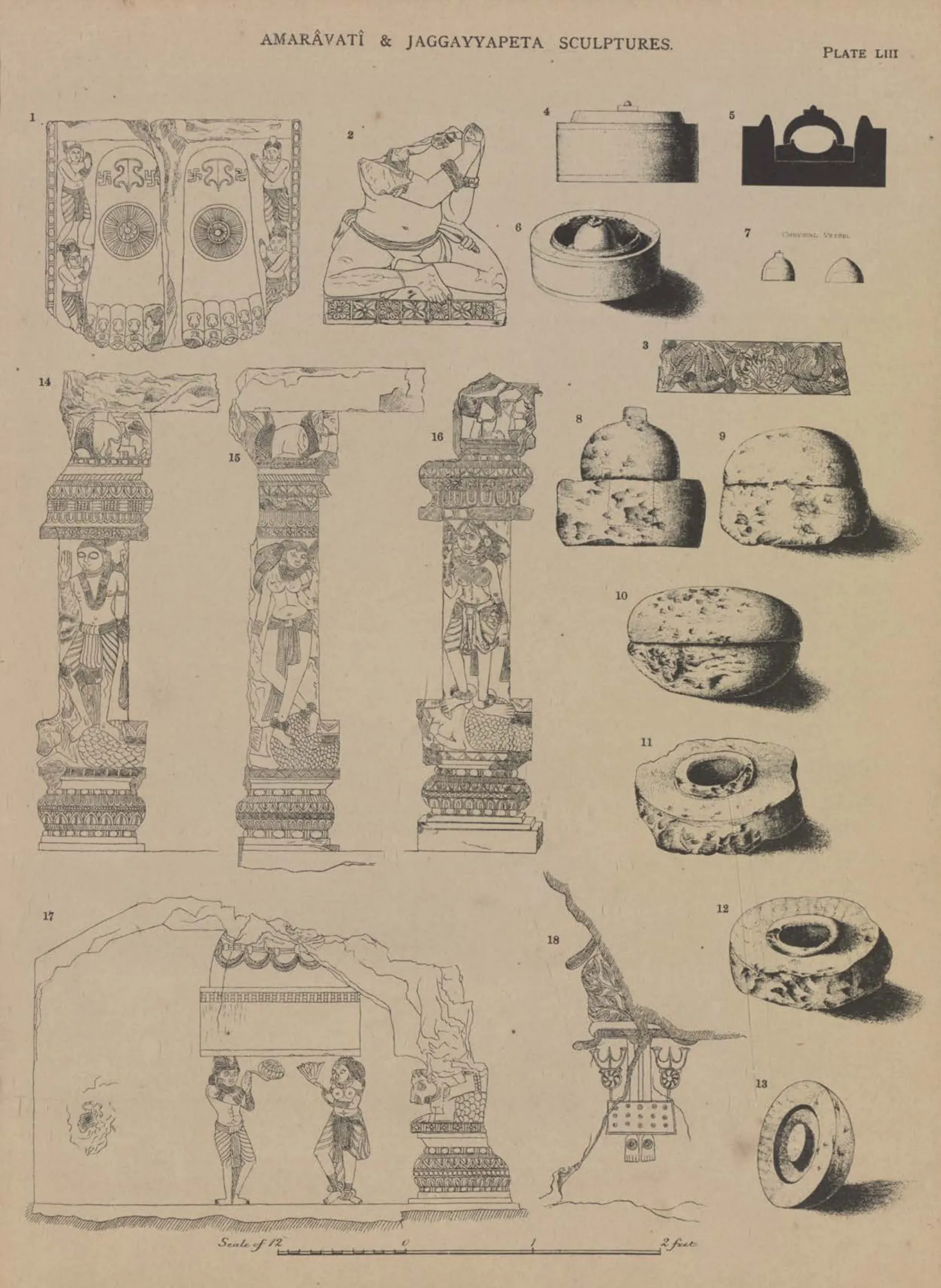 Line drawings of a carved footprint slab, relic caskets, three carved pilasters and two slabs.