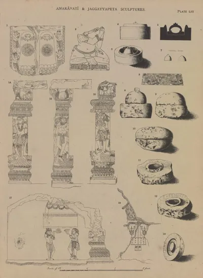 Line drawings of a carved footprint slab, relic caskets, three carved pilasters and two slabs.
