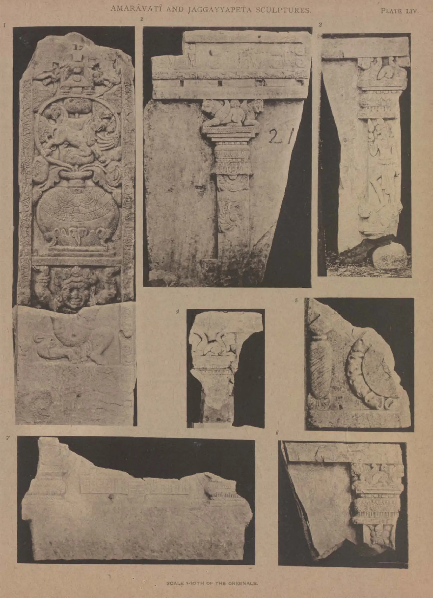 Collotype of a carved pillar slab and six sculptured fragments, including pilasters with capitals.