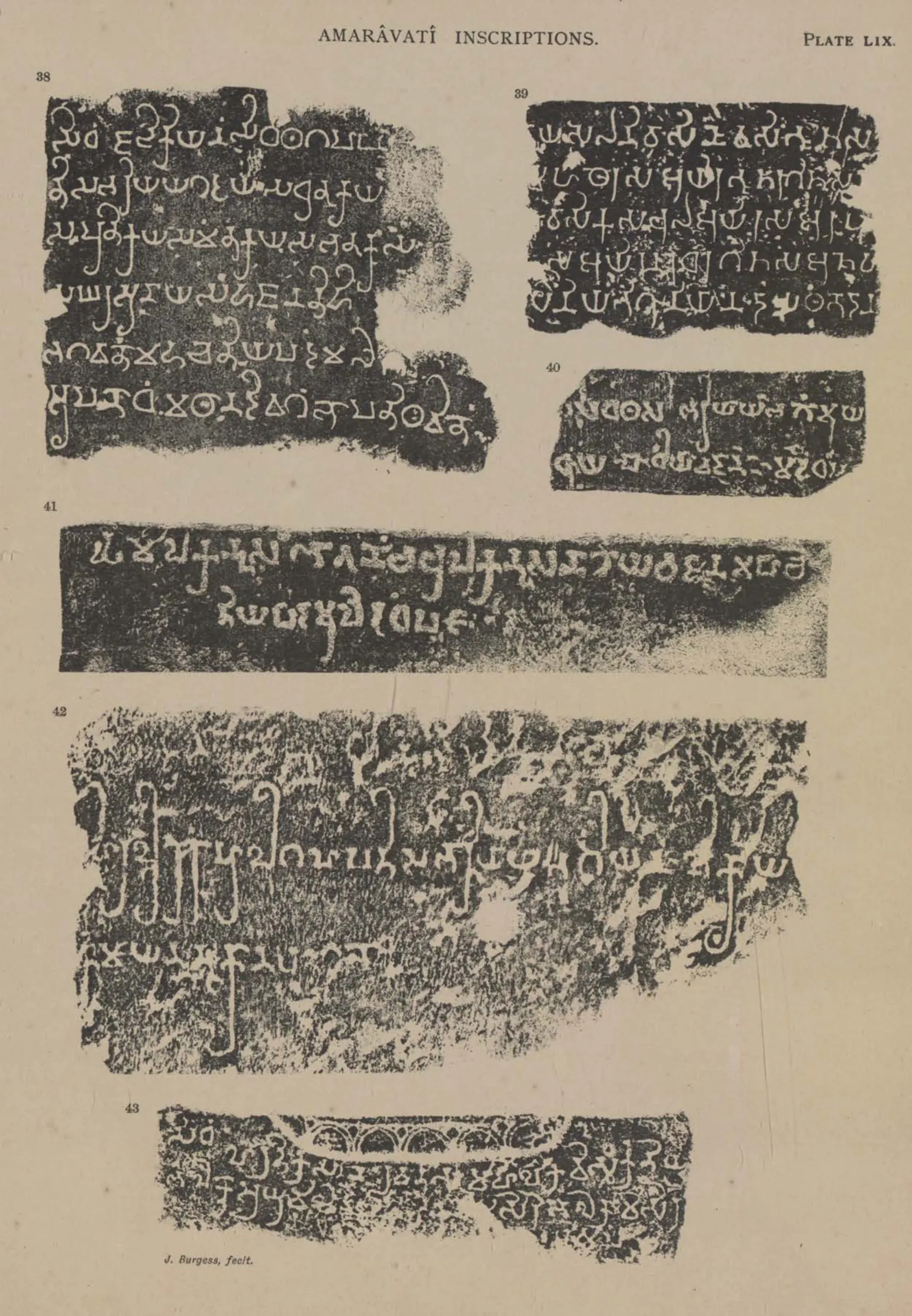 Facsimiles of short Brahmi donor inscriptions (Nos. 38-43) from the Amaravati sculptures, white letters on black.