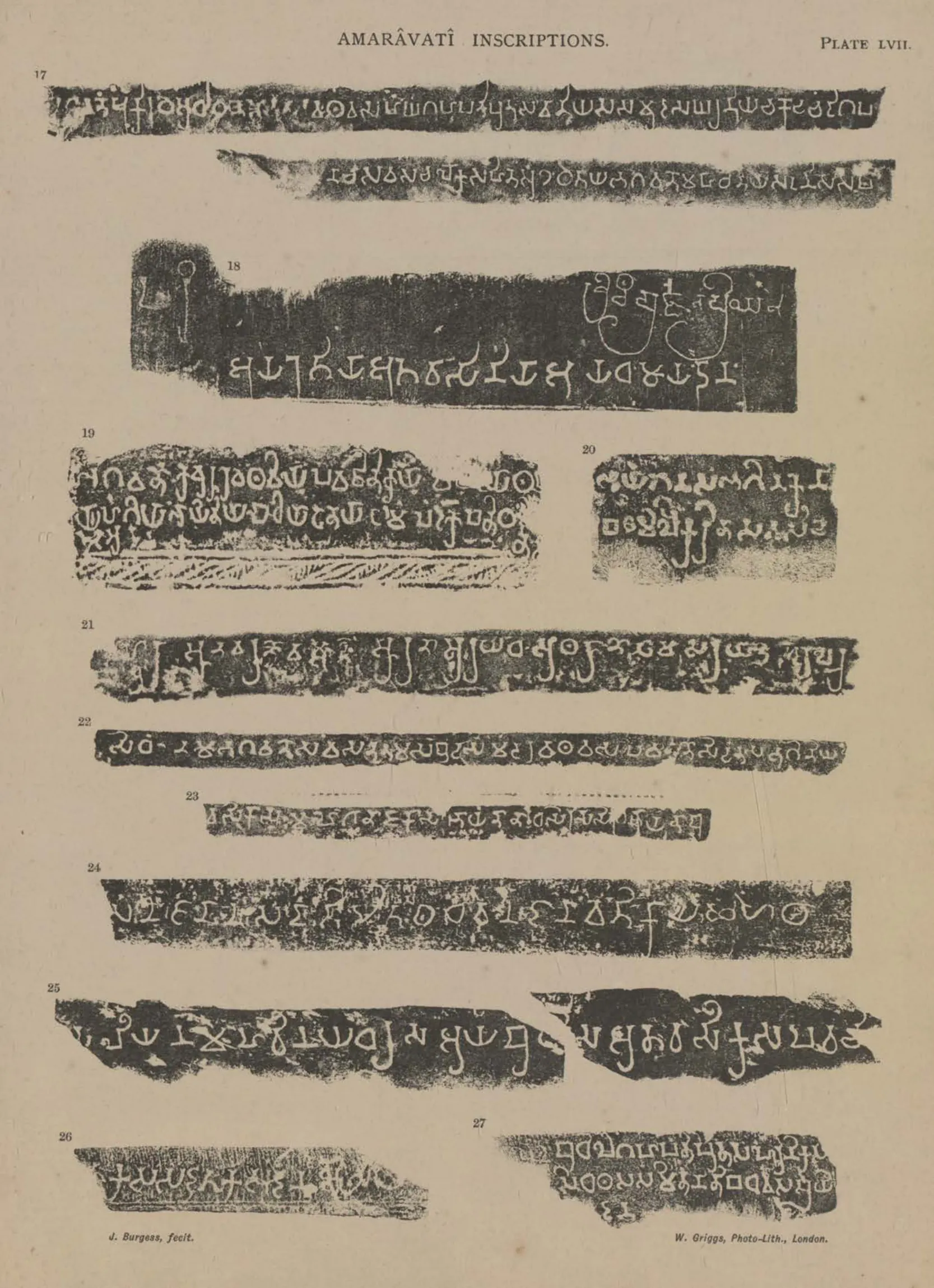Facsimiles of short Brahmi donor inscriptions (Nos. 17-27) from the Amaravati sculptures, white letters on black.