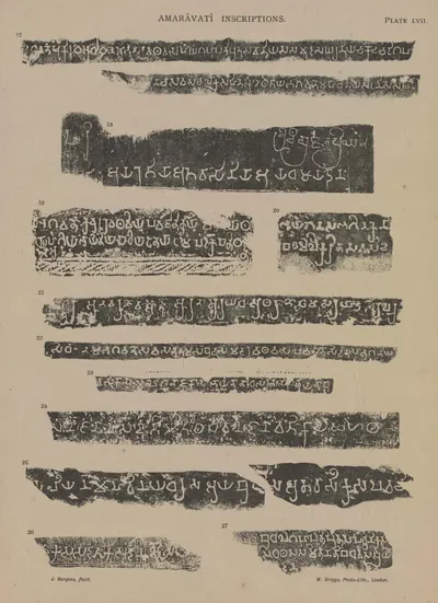 Facsimiles of short Brahmi donor inscriptions (Nos. 17-27) from the Amaravati sculptures, white letters on black.