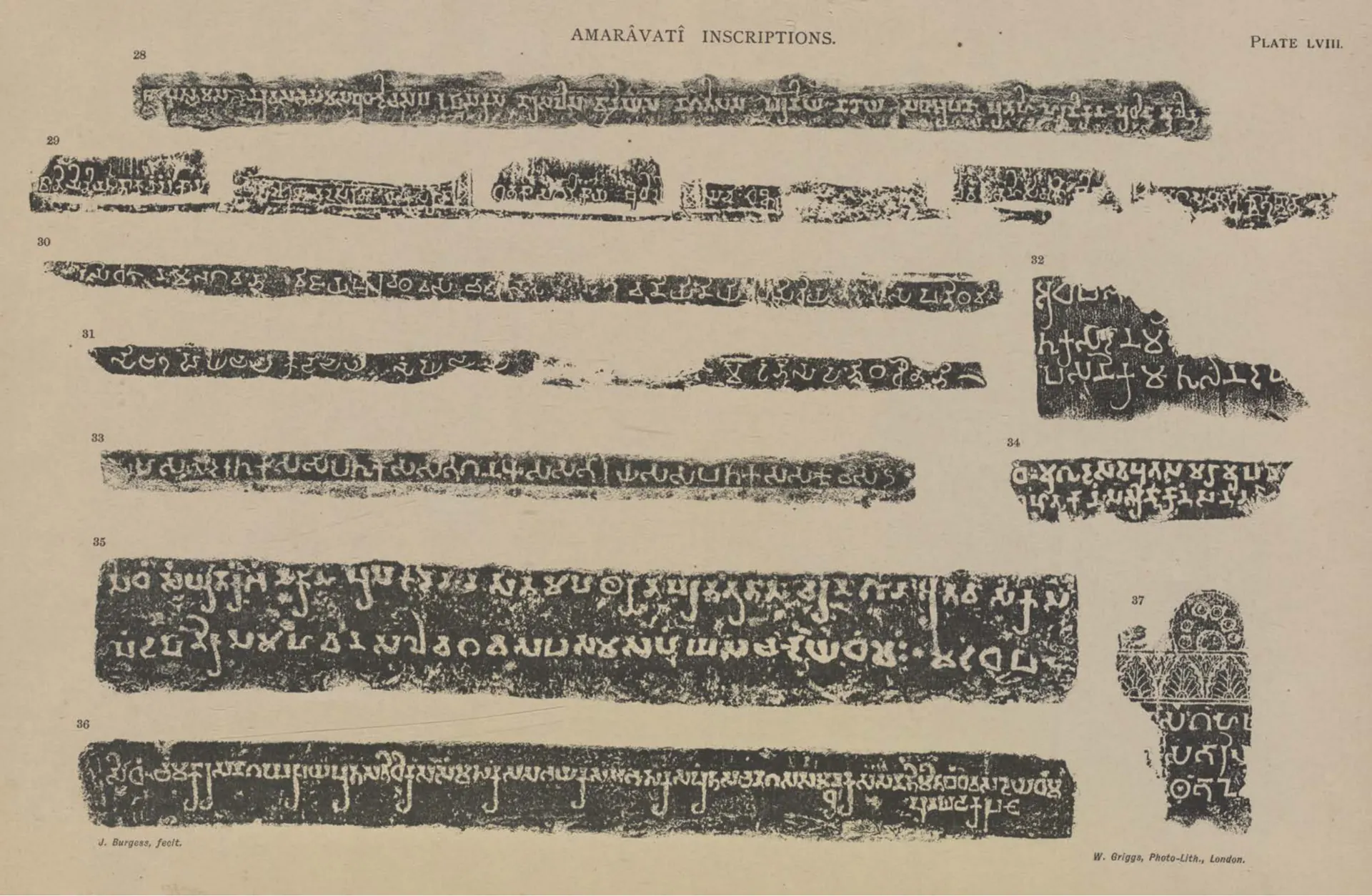 Facsimiles of short Brahmi donor inscriptions (Nos. 28-37) from the Amaravati sculptures, white letters on black.