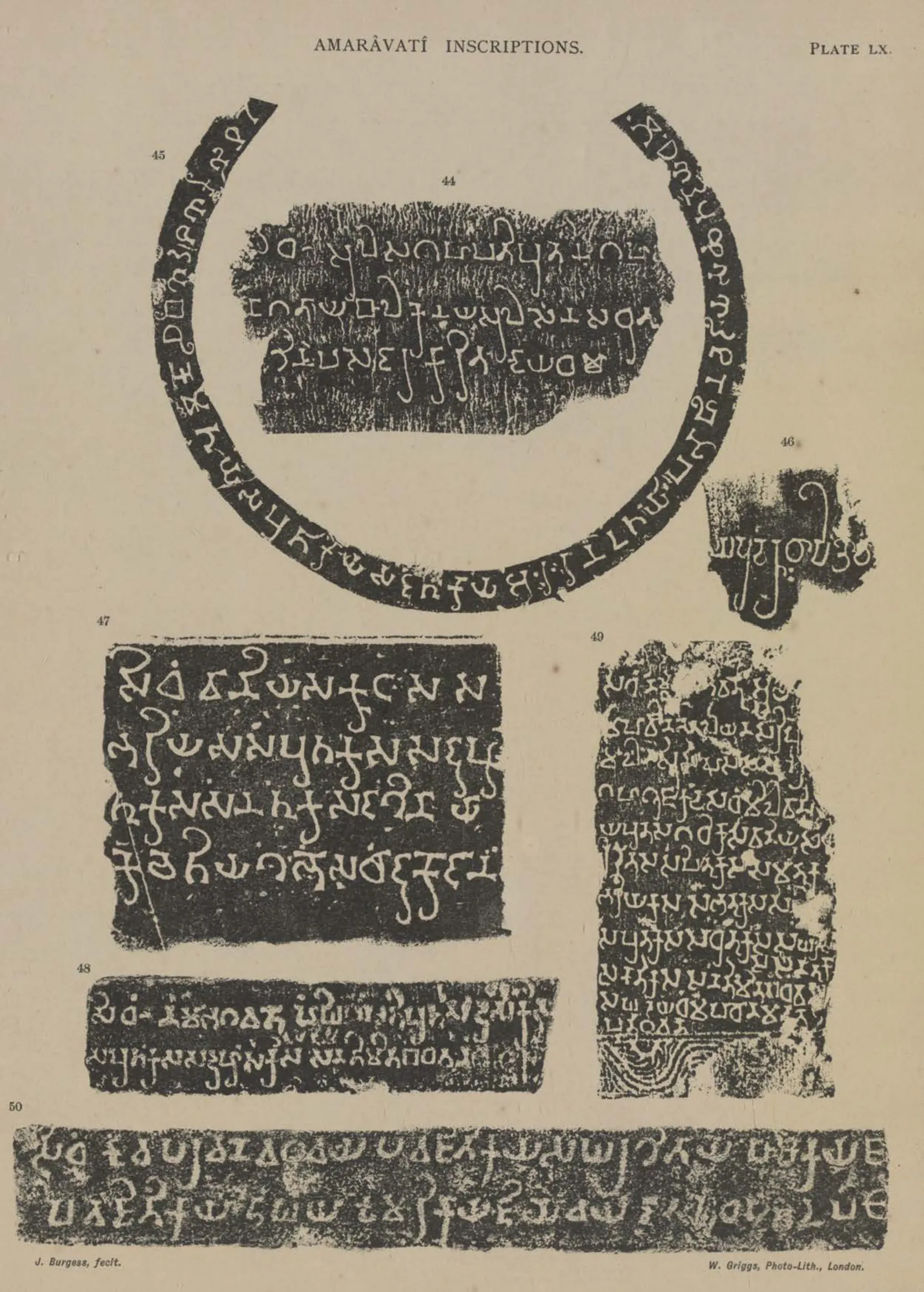 Facsimiles of short Brahmi donor inscriptions (Nos. 44-50) from the Amaravati sculptures, white letters on black.