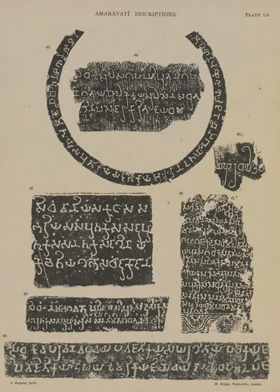 Facsimiles of short Brahmi donor inscriptions (Nos. 44-50) from the Amaravati sculptures, white letters on black.