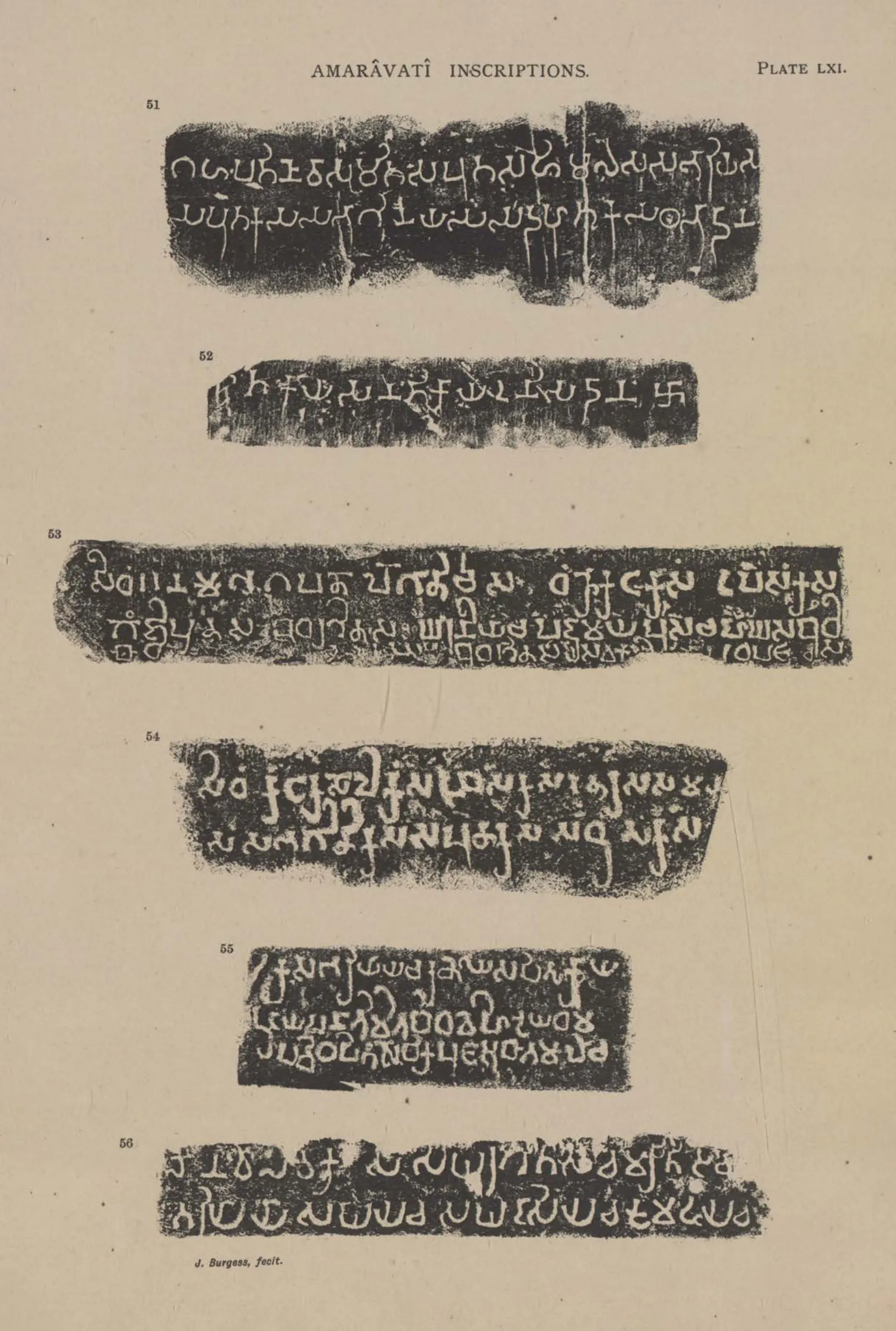 Facsimiles of short Brahmi donor inscriptions (Nos. 51-56) from the Amaravati sculptures, white letters on black.