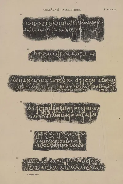Facsimiles of short Brahmi donor inscriptions (Nos. 51-56) from the Amaravati sculptures, white letters on black.