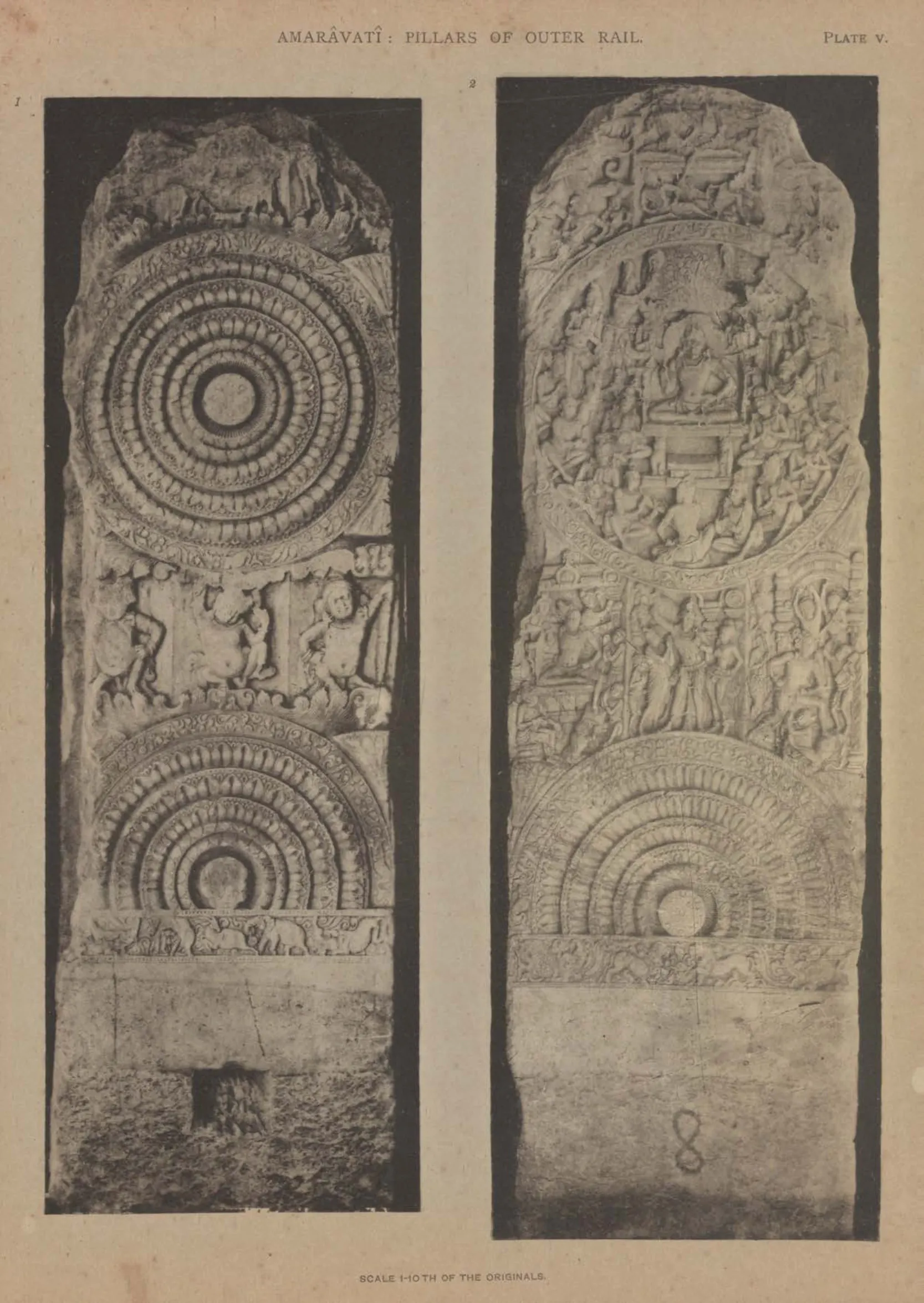 Collotype of the front and back of a limestone rail pillar carved with full and half lotus medallions and narrative panels.