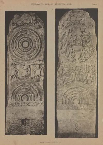 Collotype of the front and back of a limestone rail pillar carved with full and half lotus medallions and narrative panels.
