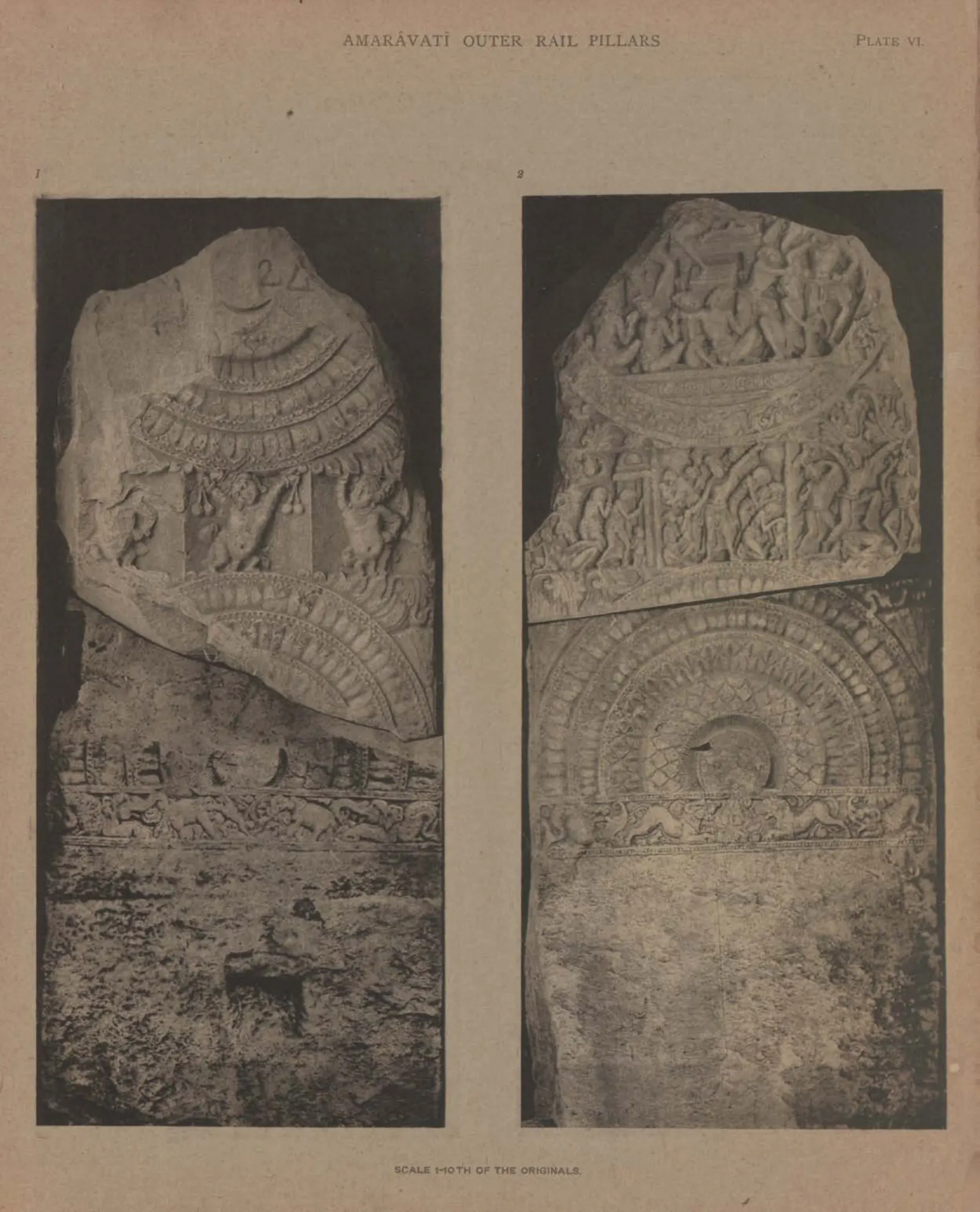 Collotype of the back and front of a broken limestone rail pillar with lotus medallions and figure panels.