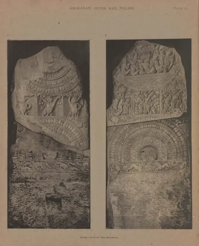 Collotype of the back and front of a broken limestone rail pillar with lotus medallions and figure panels.