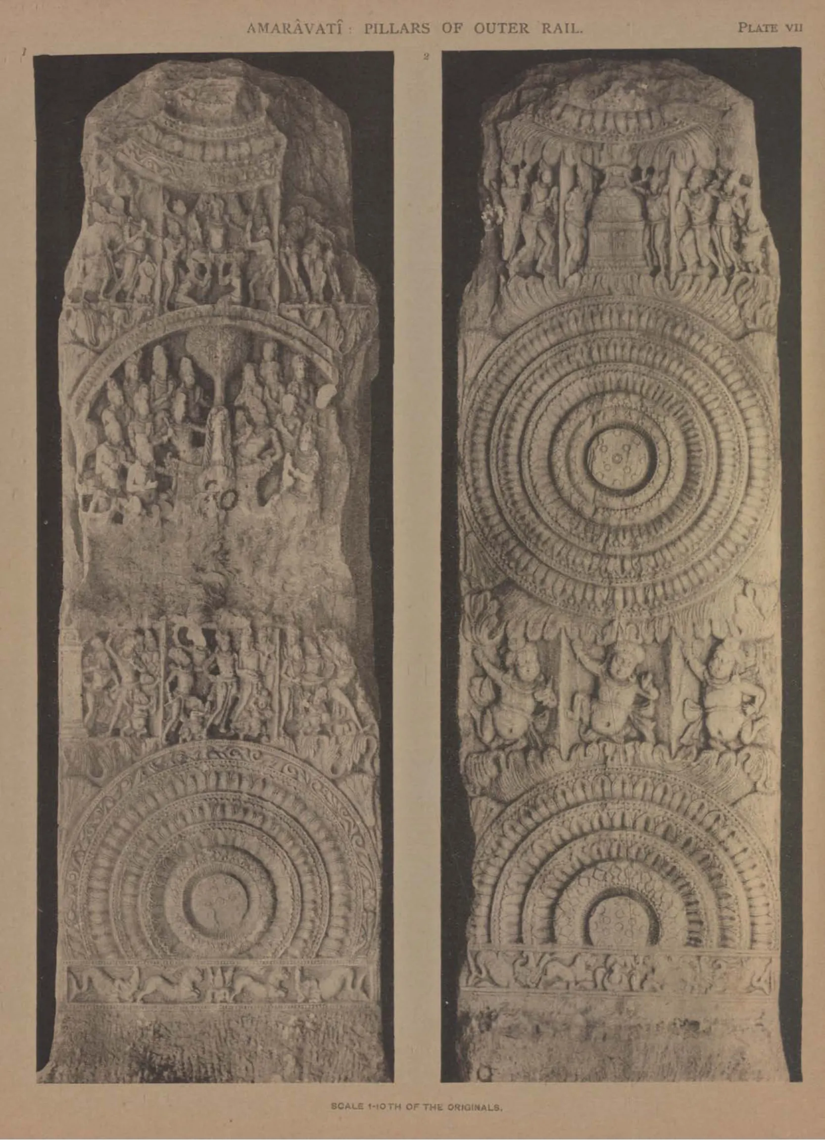 Collotype of two faces of a carved limestone rail pillar with lotus medallions and crowded figure scenes.